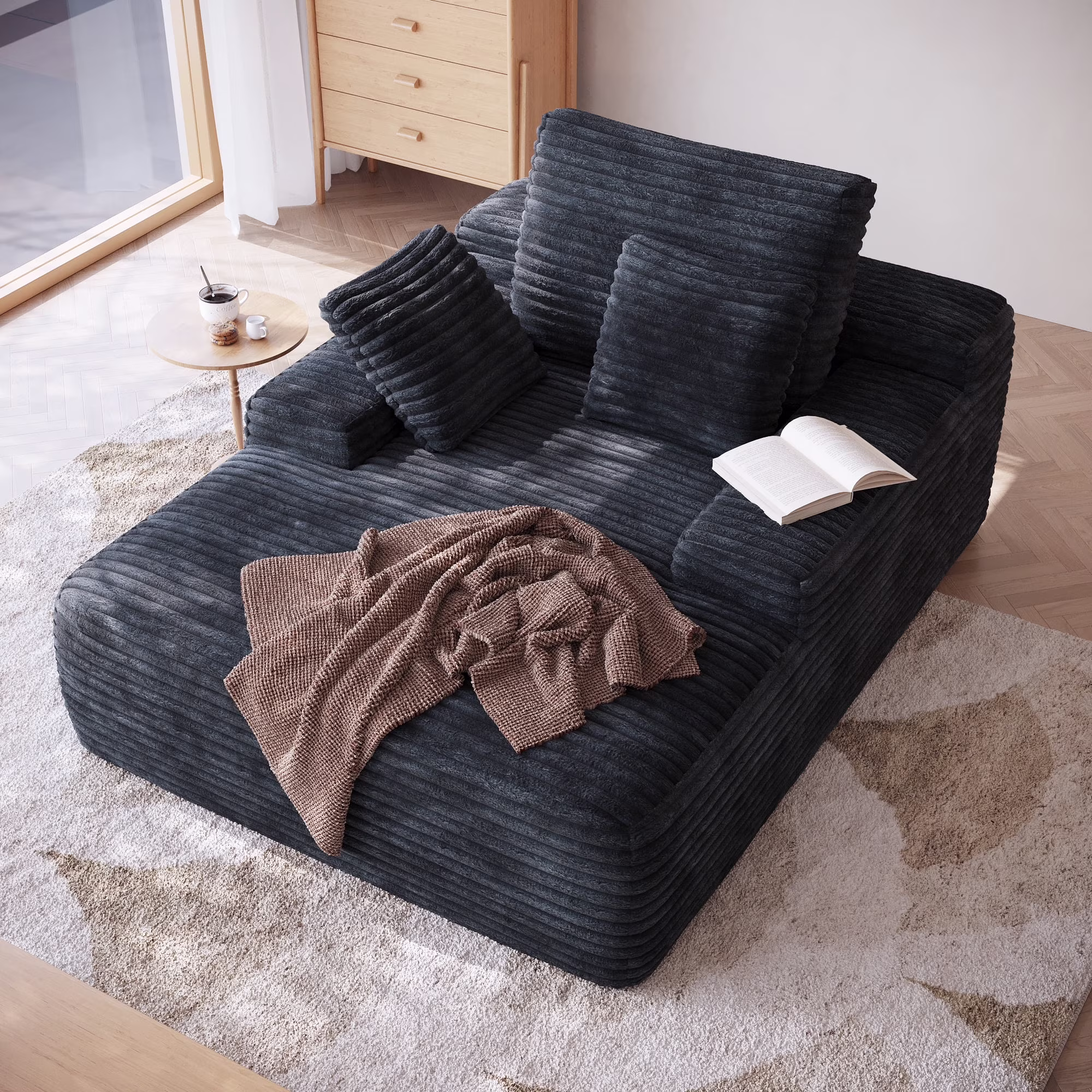 Sodrens Oversized Chaise Lounge Chair Indoor,Upholstered Sofa Bed with Throw Pillows and Armrests,Sleeper Chair for Living Room,Bedroom,Brown,Corduroy - Image 5