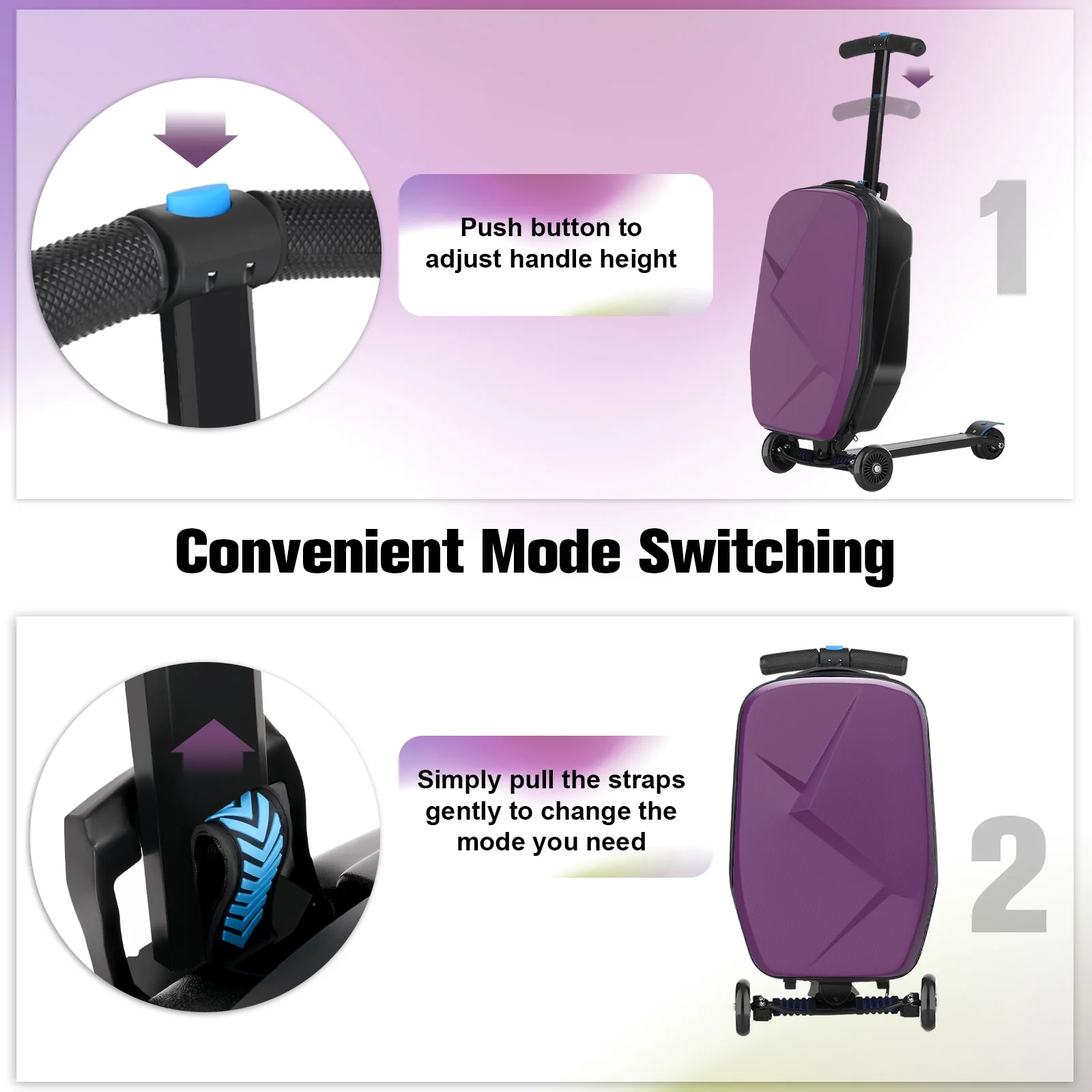 Advwin Scooter Luggage for Kids & Adults, Hardside Ride on Suitcase for Kids Ages 4-15 Multifunctional Lightweight Foldable Carry on Luggage with Wheels Ride on for Children Teenagers, Pink - Image 31