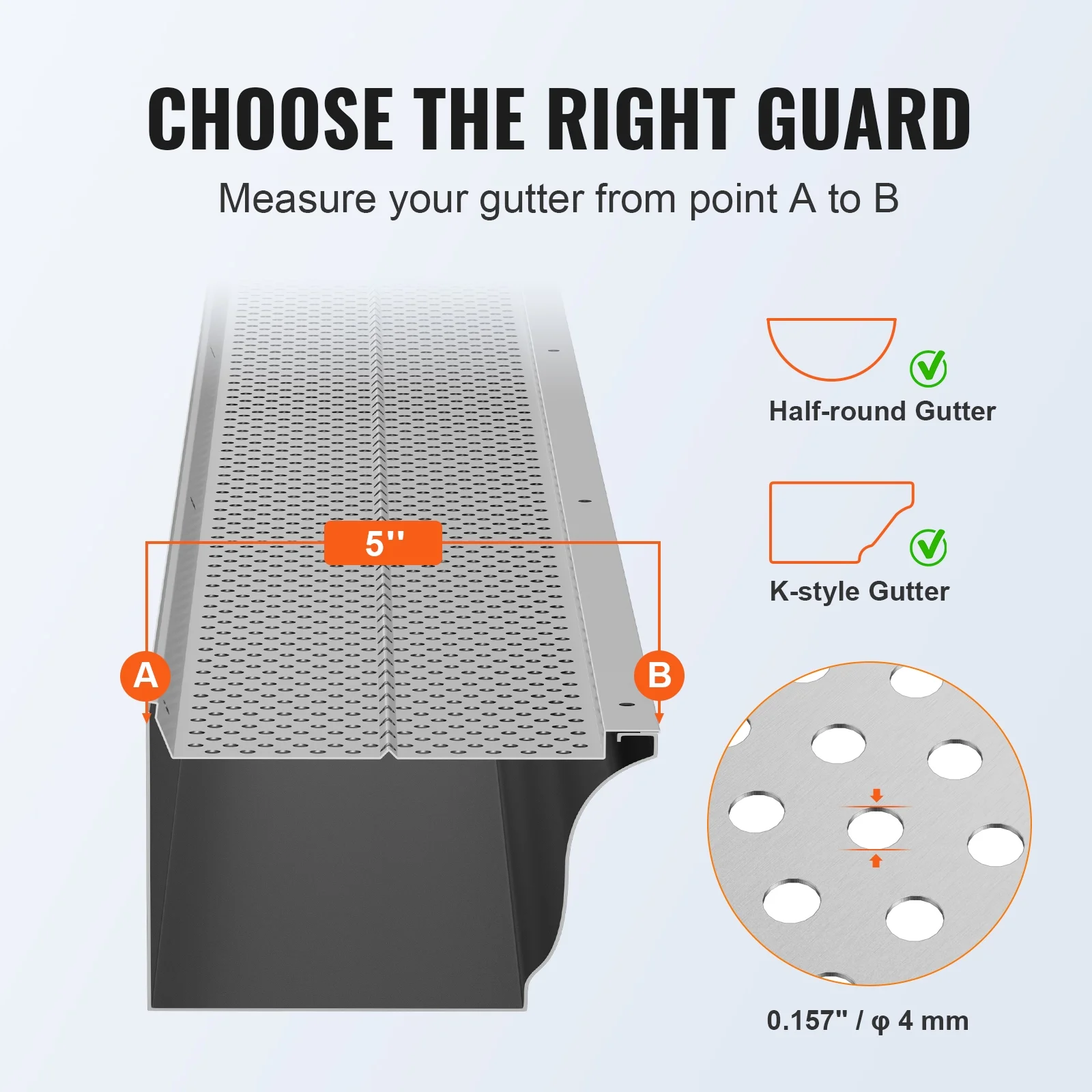 VEVOR Gutter Guard, 5 inch Width, Aluminum Leaf Filter DIY Gutter Cover, 52 PCS 208 ft Total Length, 0.157'' Hole Diameter & 0.02'' Thick Raptor Gutter Guards Fits Any Roof or Gutter Type - Image 3