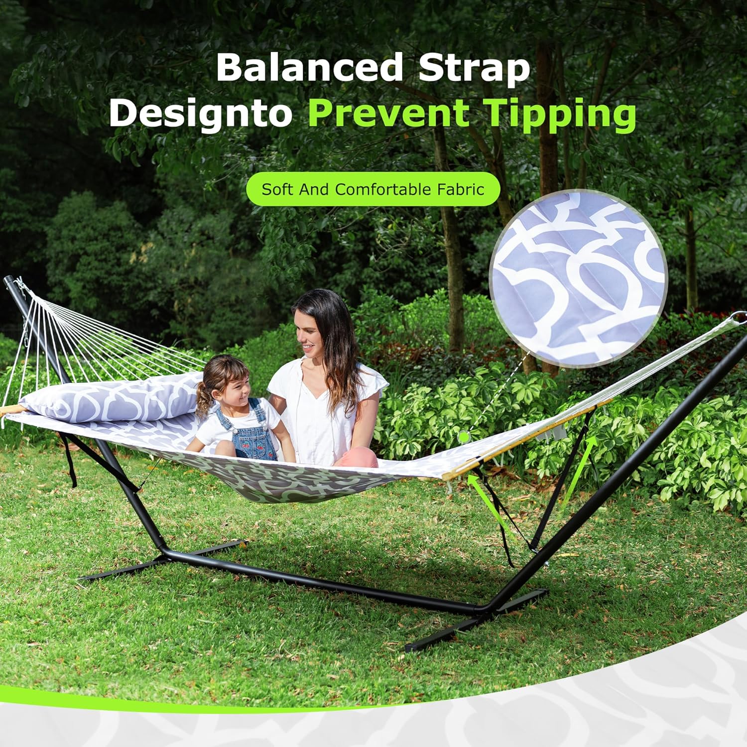 Double Outdoor Hammock With Adjustable Steel Stand, 500 LBS Capacity, Carrying Bag, White Grey - Image 3 Double Outdoor Hammock With Adjustable Steel Stand, 500 LBS Capacity, Carrying Bag, White Grey - Image 3