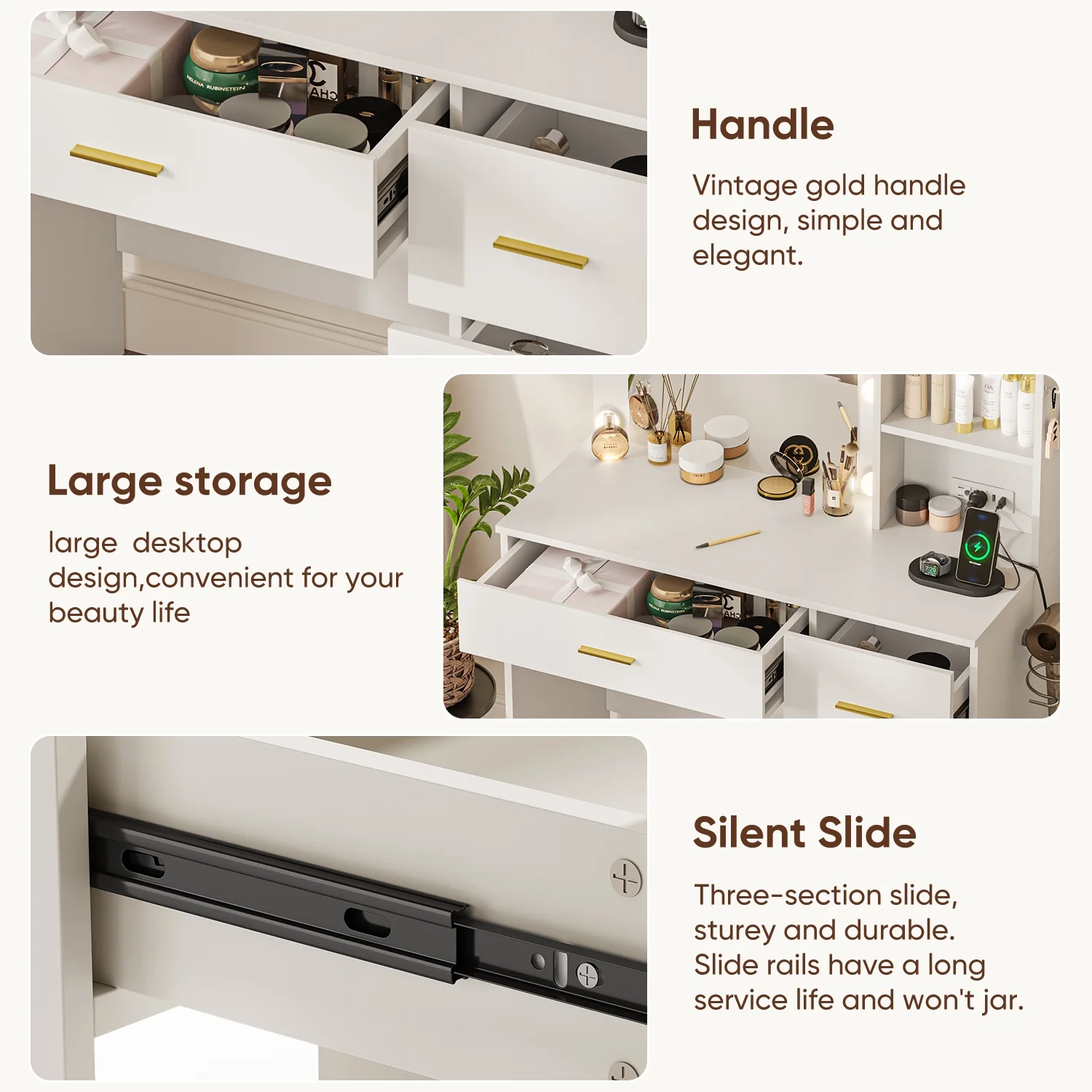Makeup Vanity with Mirror and 3 Color Lights,Vanity Dressing Table with USB Charging Station,4 Drawers,Open Storage Shelves,White - Image 9