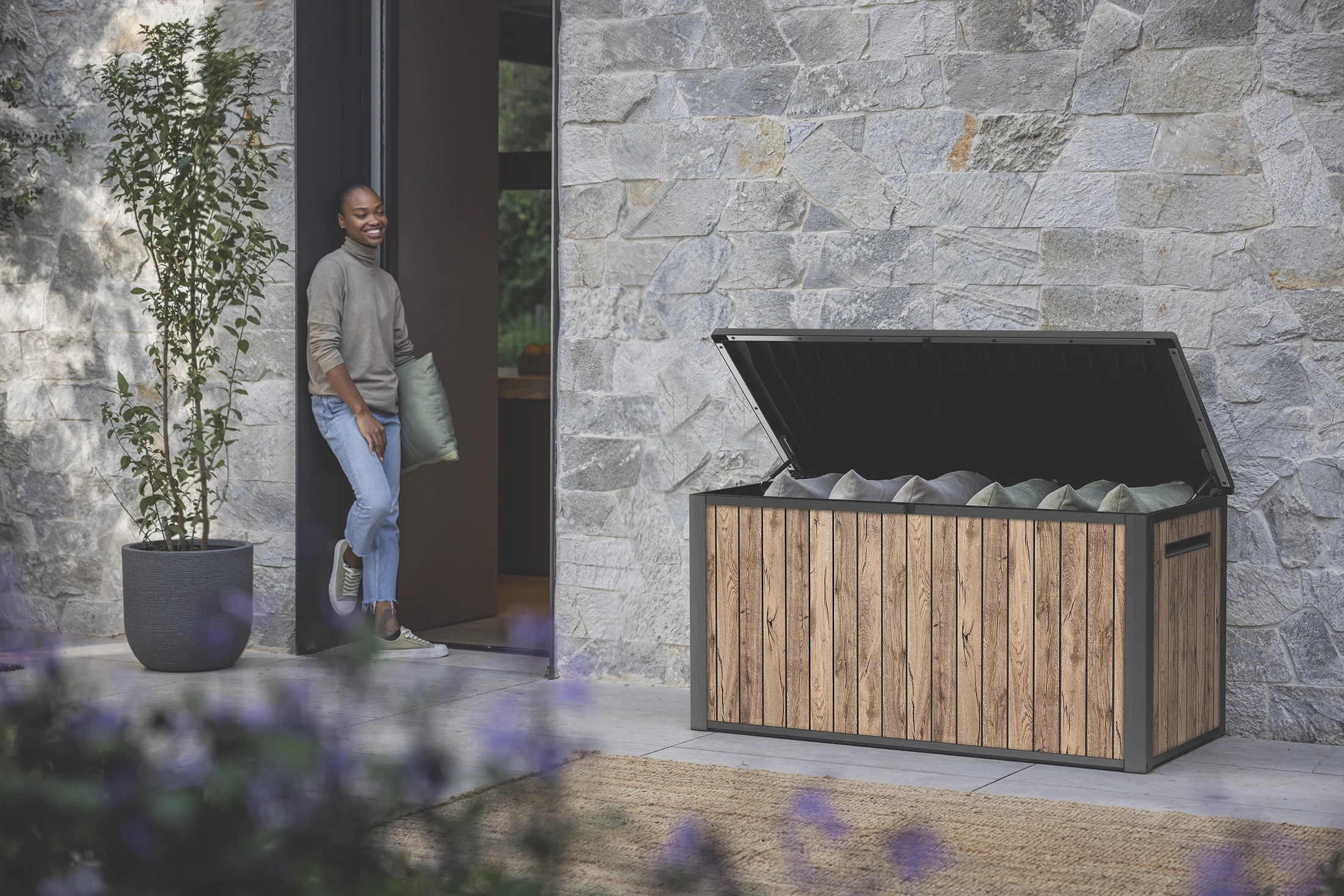 Keter Signature 170 Gallon Durable Resin Outdoor Deck Box Storage Organization, Pine - Image 4