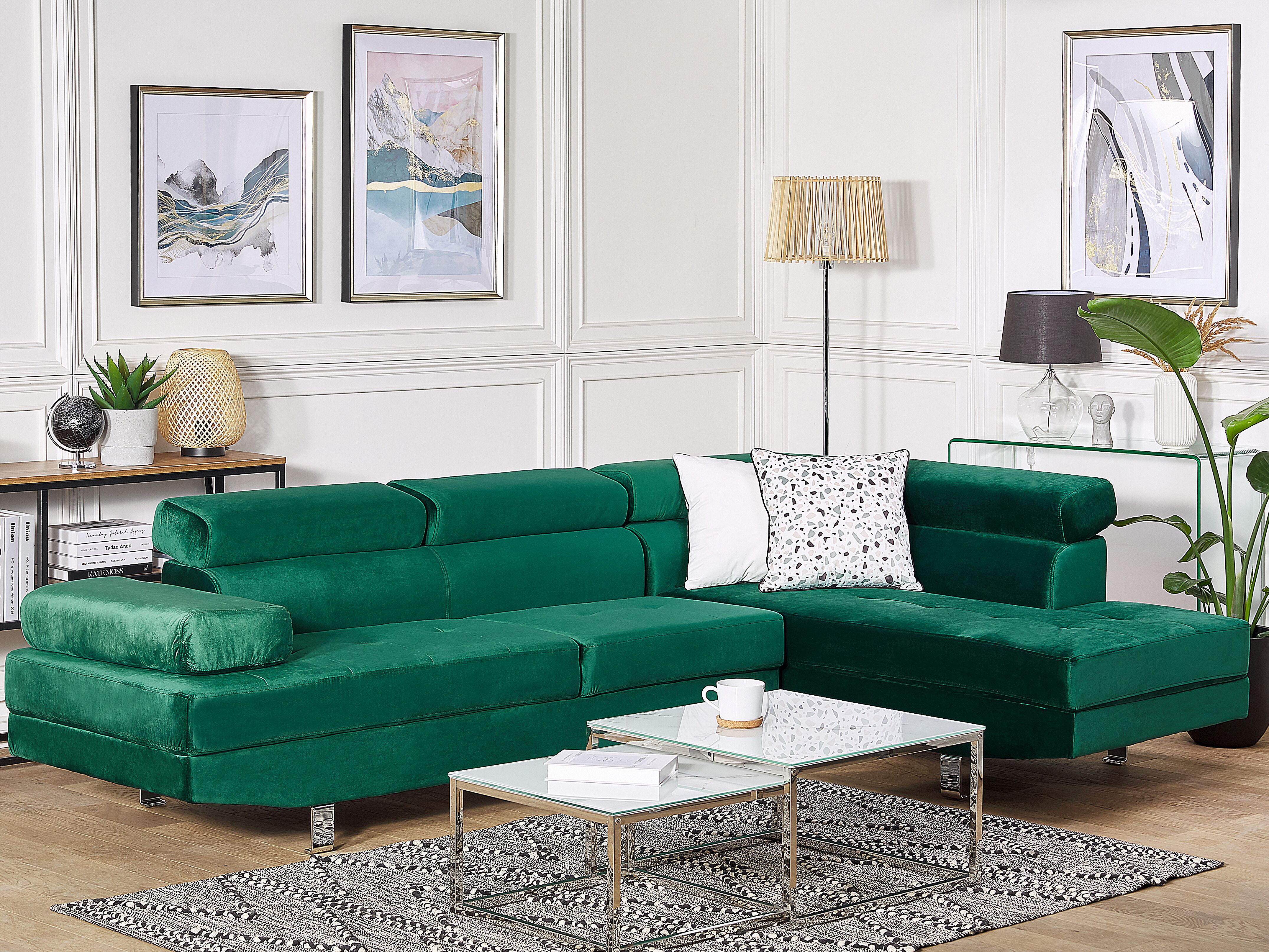 Corner Sofa 5 Seater NORREA Velvet Emerald Green Left Hand