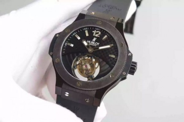 Replica Hublot Big Bang Tourbillon PVD Black Textured Dial Black Rubber Strap - Elite Watch Atelier