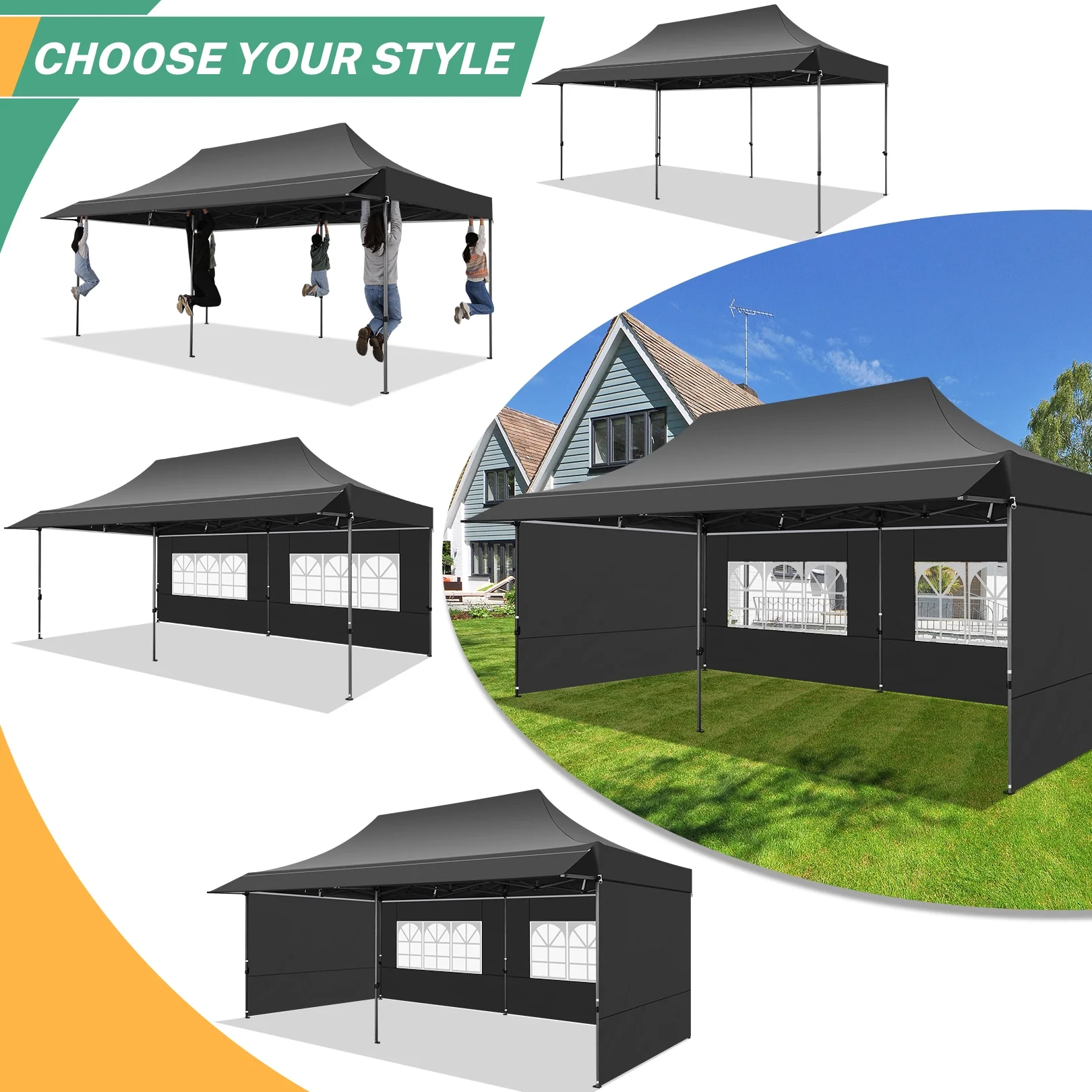 COBIZI 10x20 Pop Up Canopy Heavy Duty Party Tent with Removable Awning and Sidewalls,Easy Up Outdoor Wedding Canopy,Gazebo All Season Windproof&Waterproof with Roller Bag UPF 50+,Black - Image 13
