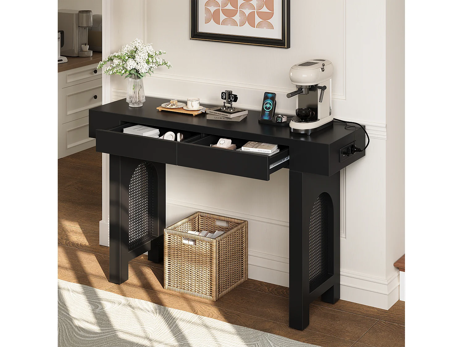 Table console élégante pour l'entrée - 120 x 35.5 x 76.5 cm - avec tiroirs + pieds réglables - MDF - noir