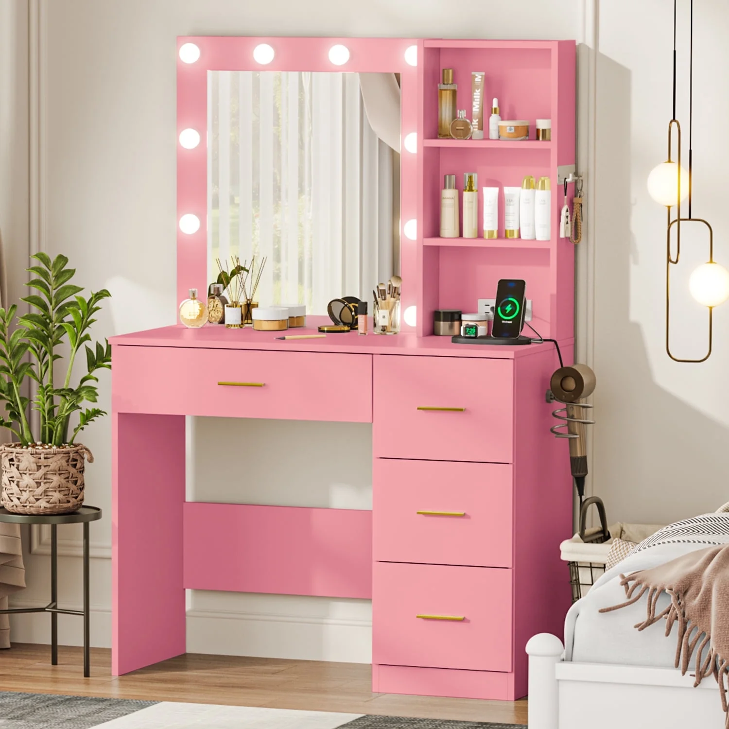Makeup Vanity with Mirror and 3 Color Lights,Vanity Dressing Table with USB Charging Station,4 Drawers,Open Storage Shelves,White - Image 19