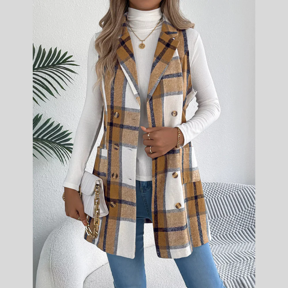 Plaid Double-Breasted Vest Coat - ZKZOOK