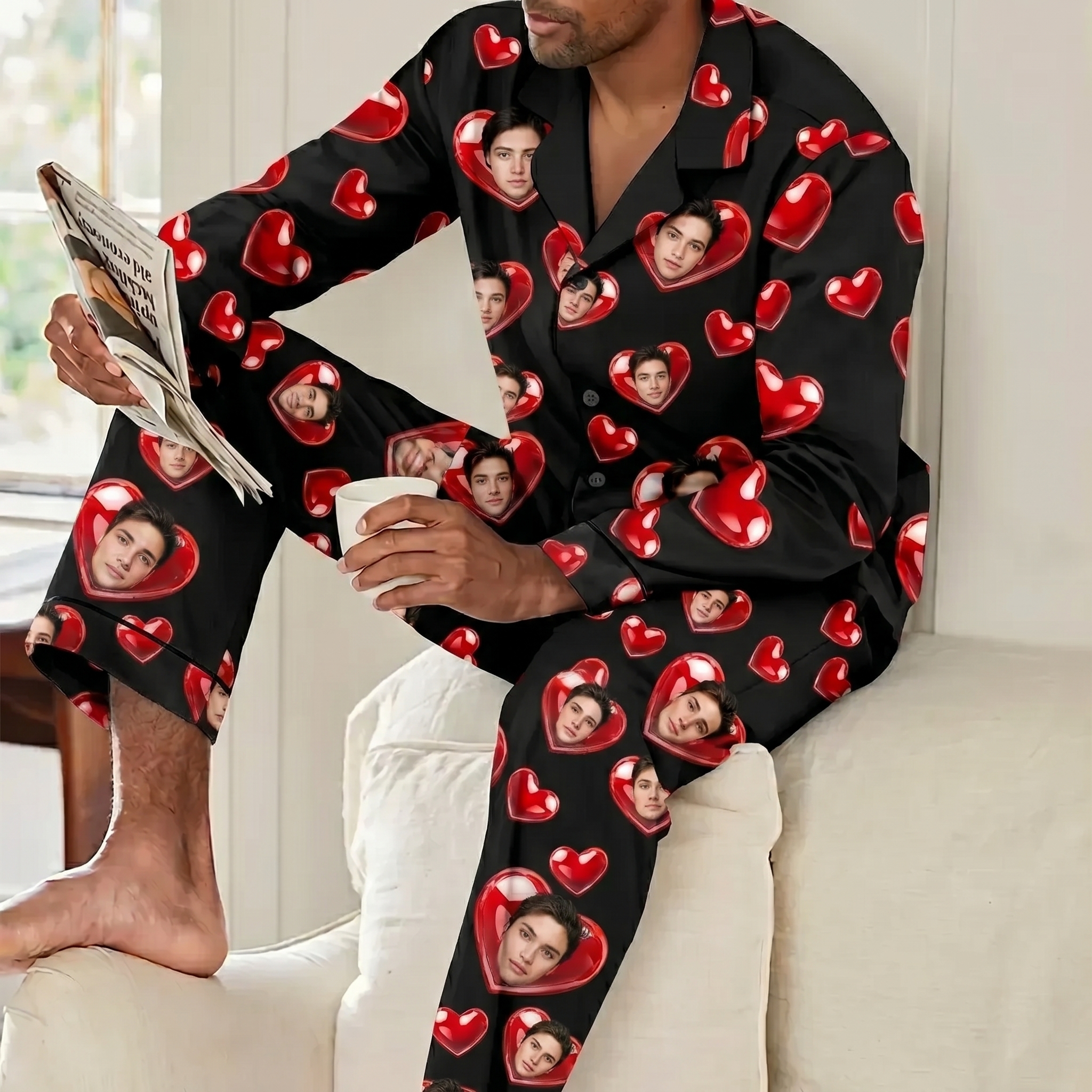 Lifestyle shot of a man relaxing on a sofa wearing a custom face pajama set with red heart design