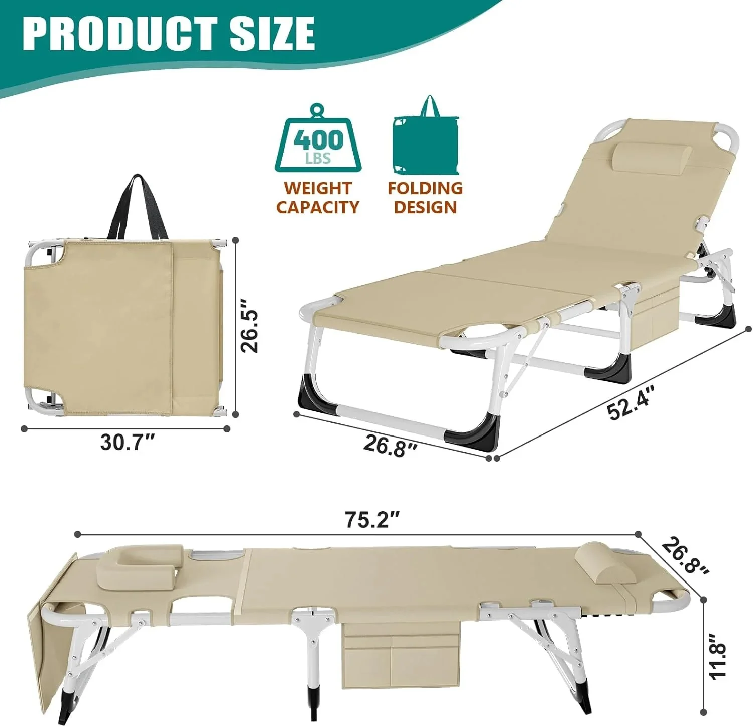 Slsy 5-Position Adjustable Folding Lounge Chair And Cot - 75.2" x 25.6" x 11.8" - Image 96 Slsy 5-Position Adjustable Folding Lounge Chair And Cot - 75.2" x 25.6" x 11.8" - Image 96