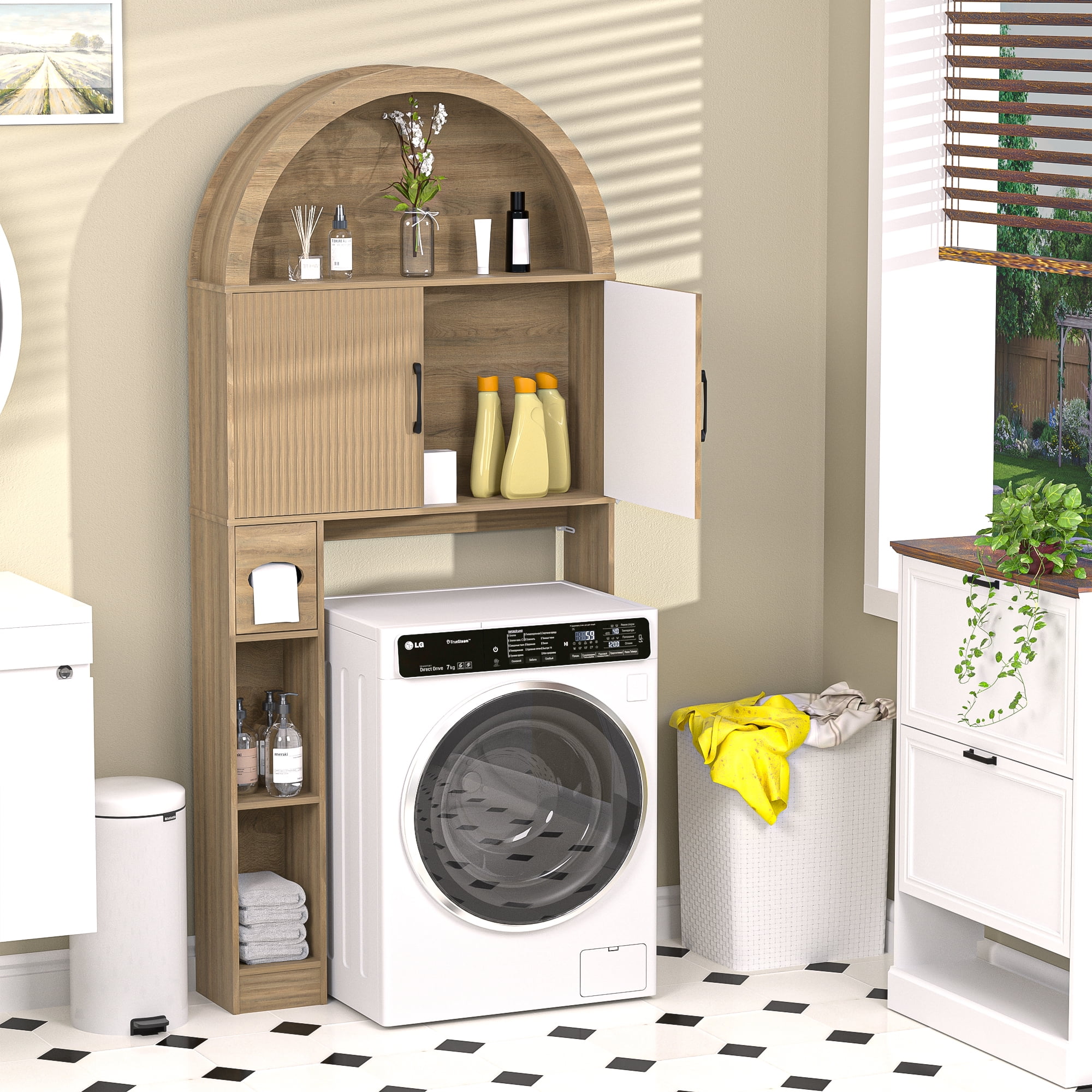 HARIPUL Over The Toilet Storage Cabinet w/ Unique Wood Grain & Arc Design, Freestanding Bathroom Shelf Organizer Space Saver w/ Doors & Anti-Tip Device, Wood Color - Image 2