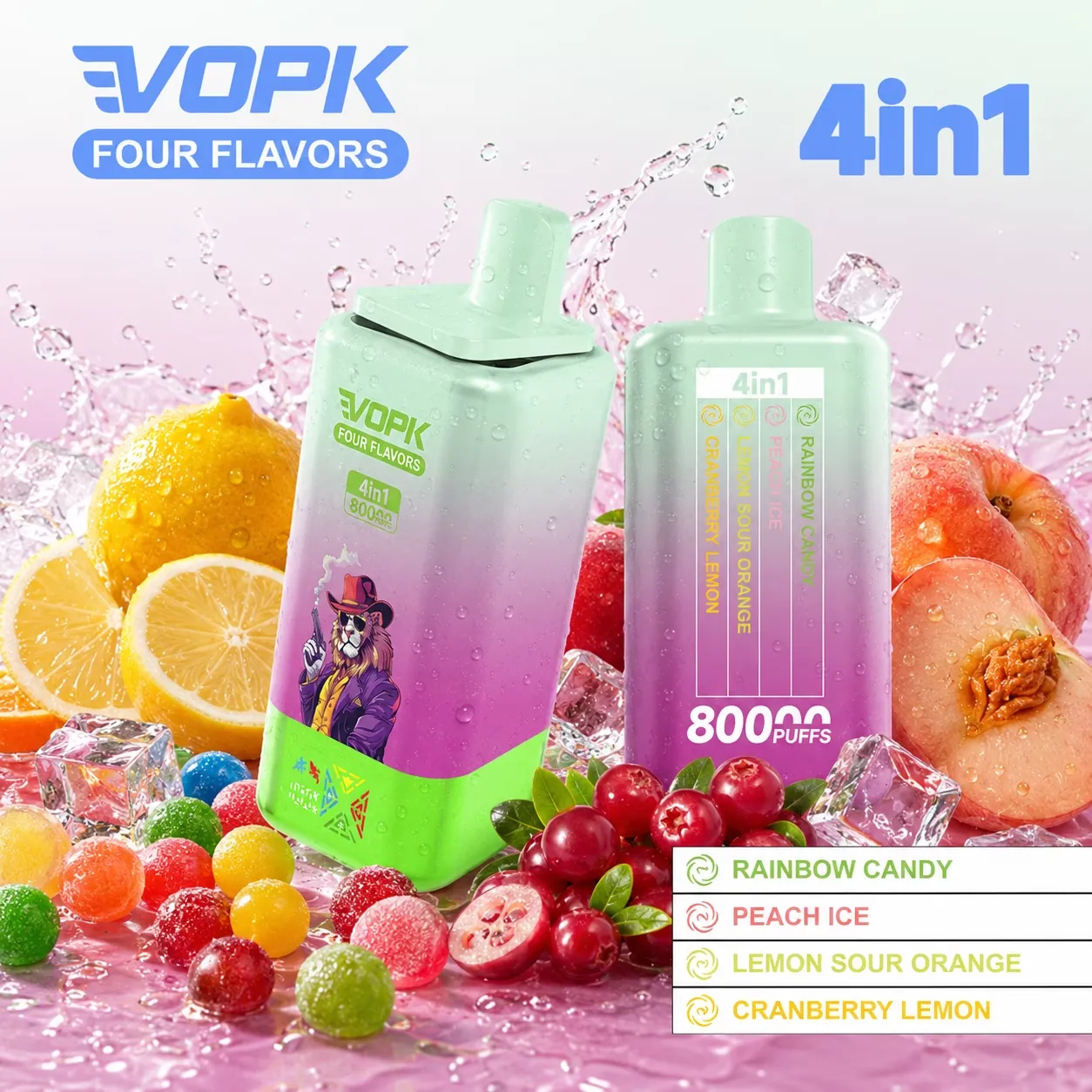 VOPK 80 000 puffów 4in1 – Lemon Sour Orange, Cranberry Lemon, Peach Ice, Rainbow Candy