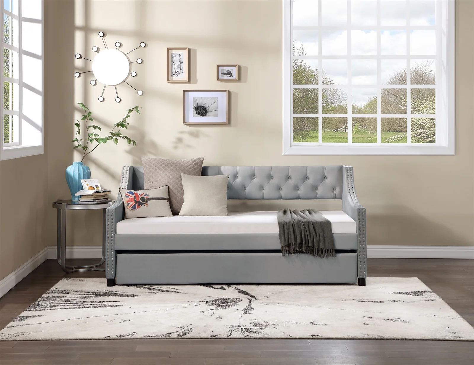 Daybed with Trundle, Twin Size Velvet Upholstered Daybed Frame with Tufted Button Back & Copper Nail on Arms, Wood Sofa Bed Frame for Living Room Bedroom, No Box Spring Needed, Grey