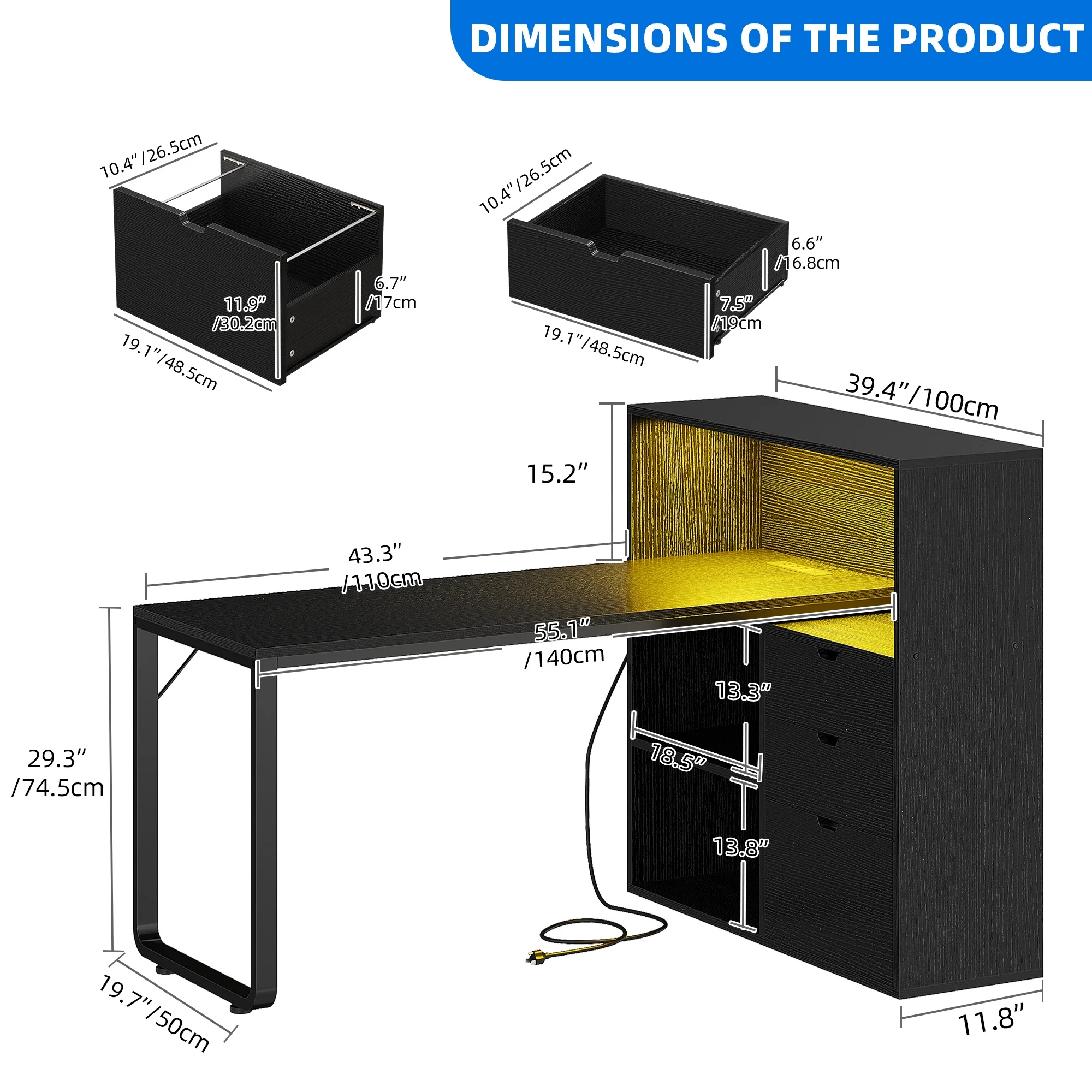 Dextrus L Shaped Desk with Power Outlets & LED Lights, Computer Desk with 3 Drawers and 3 Storage Shelves, White Office Desk Corner Desk for Home Office - Image 34