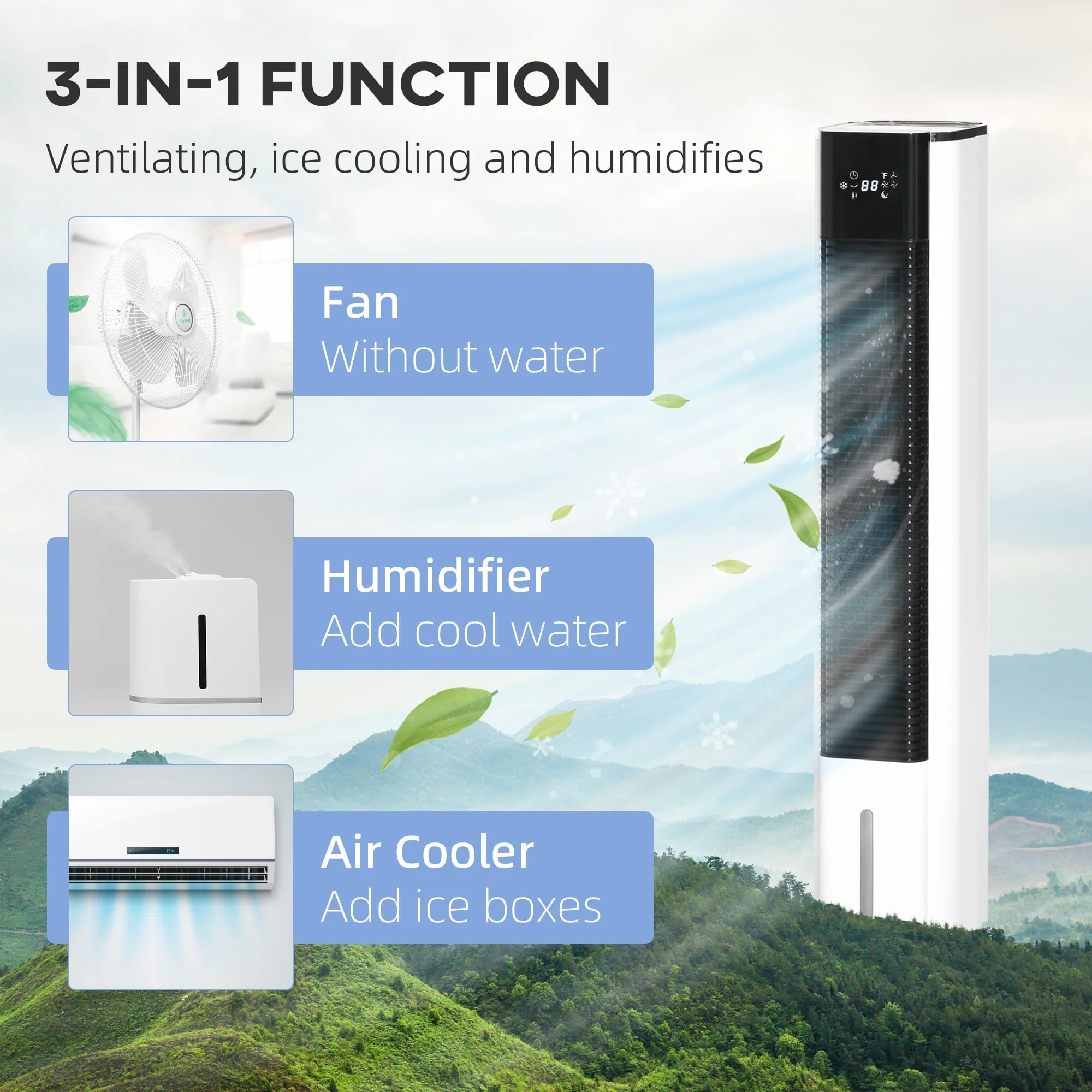 HOMCOM 42" Portable Evaporative Air Cooler, 3-In-1 Ice Cooling Fan Humidifier with Remote, Timer, Oscillating, LED Display, and 1.6 Gal Water Tank, White - Image 3