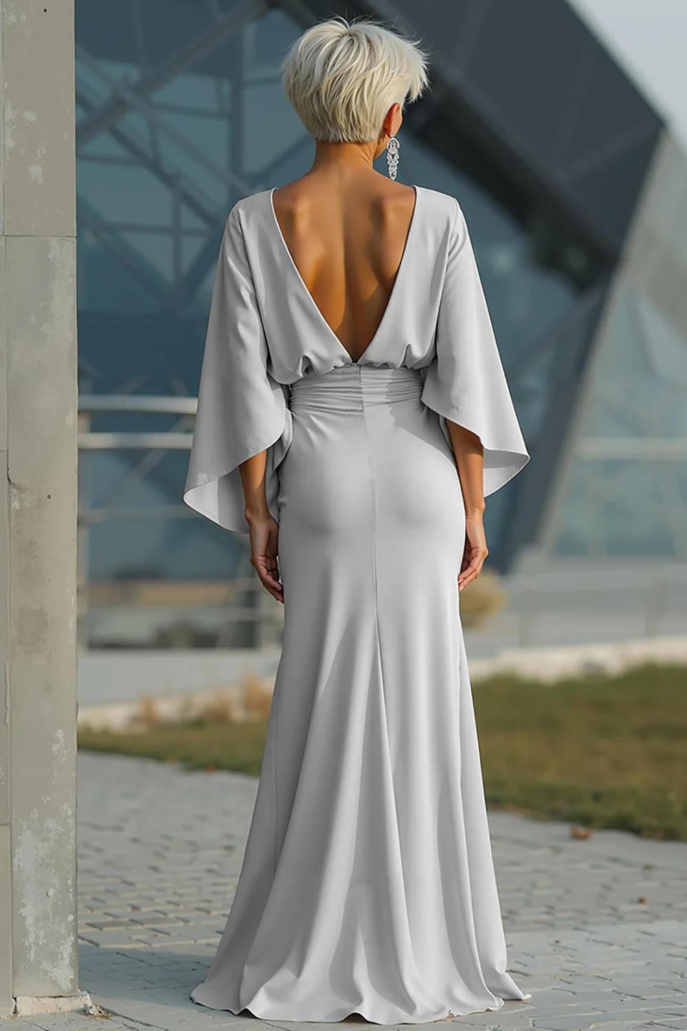 Silver Mermaid Boat Neck Long Mother of the Bride Dress with Pockets