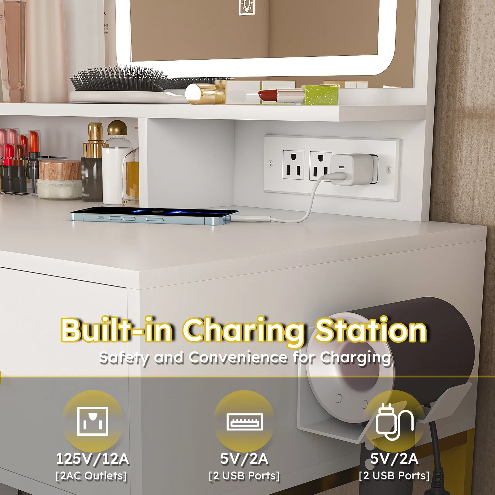 Montary Modern Mini Vanity w/Adjustable LED Mirror + Hidden Storage, Padded Stool & Dustproof Shelves (White) - Image 101