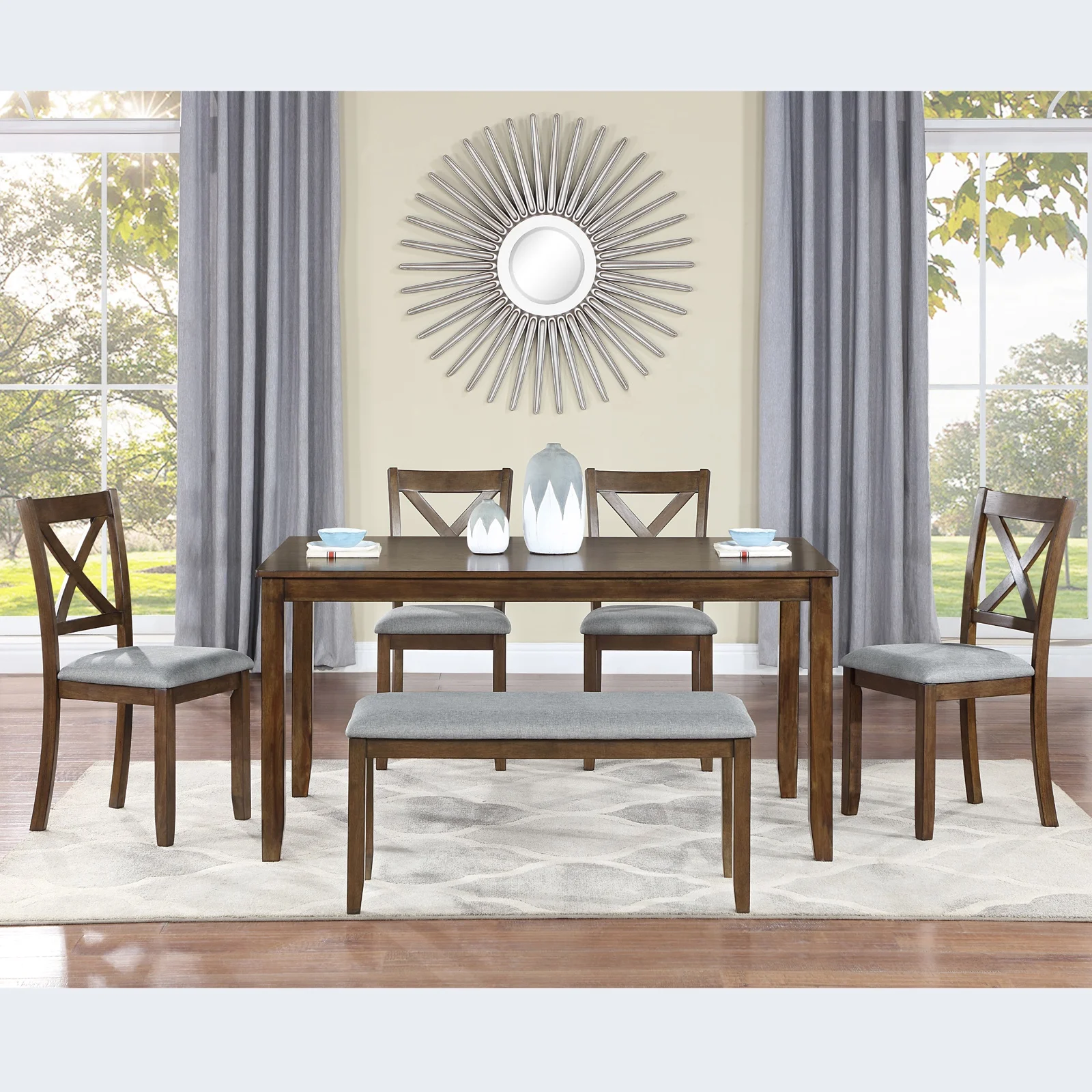 Dining Room Set, LEGAHOME 6 Piece Dining Sets with Bench and Chairs, Solid Wood Kitchen Dining Table Set for 6 with Upholstered Chairs, Gray - Image 14