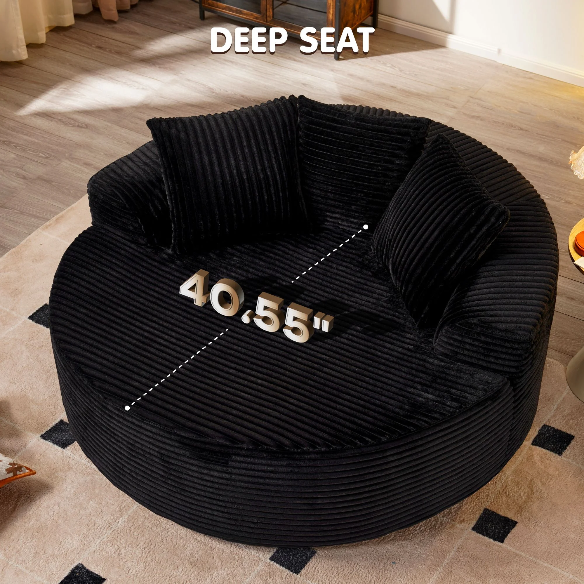 Ovios 58'' Oversized Chaise Lounge Indoor Chair Modern Cloud Floor Sofa Bed Comfy Upholstered Sleeper Couch Deep Seat Accent Reading Chair for Living Room, Bedroom, No Assembly, Black(Plush Corduroy) - Image 7