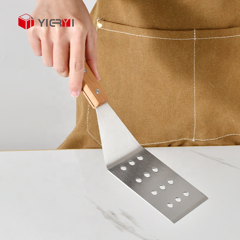 Kitchen Spatula for Smash Burger and Egg Stainless Steel Solid Turner With Wooden Handle BBQ Flat Top Grill Scraper