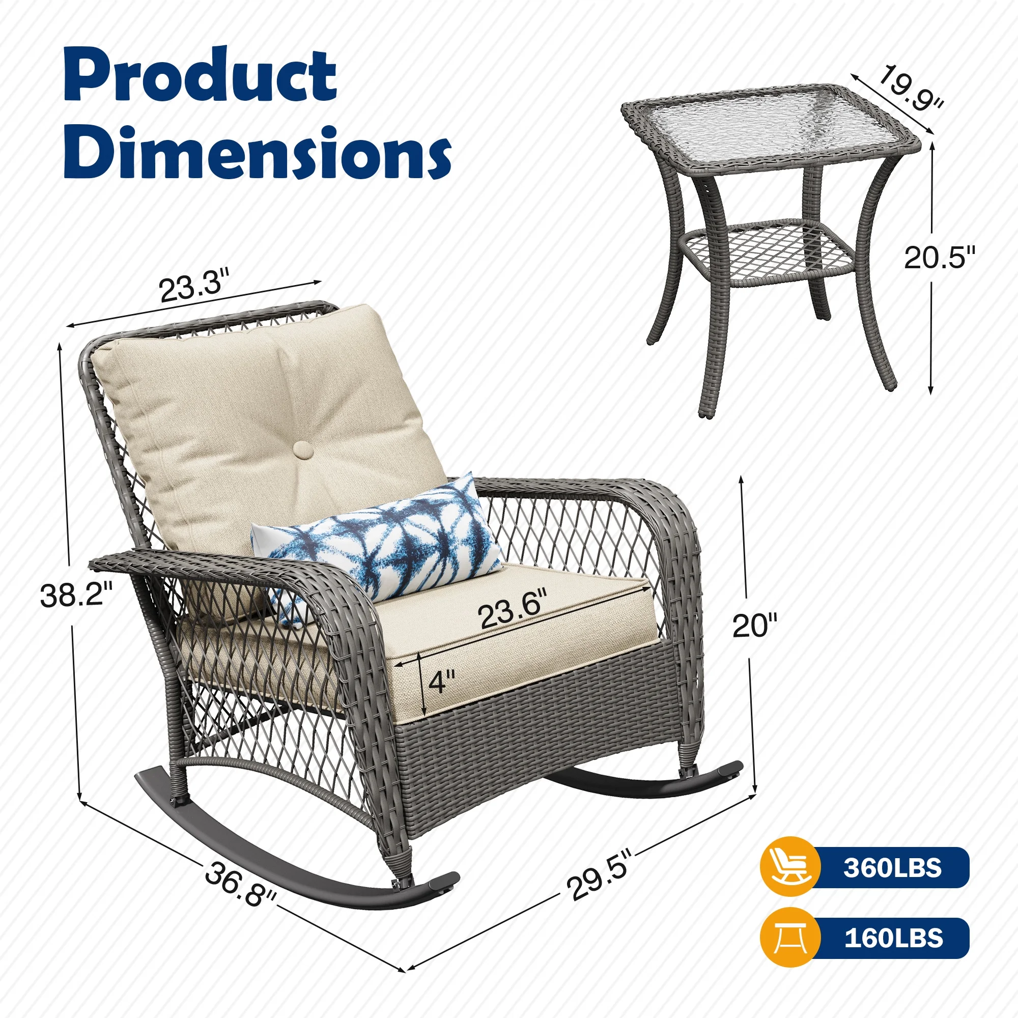 ELPOSUN 3-Piece Outdoor Rocking Chairs, Wicker Patio Furniture with Thickened Cushions and Table for Porch - Image 40