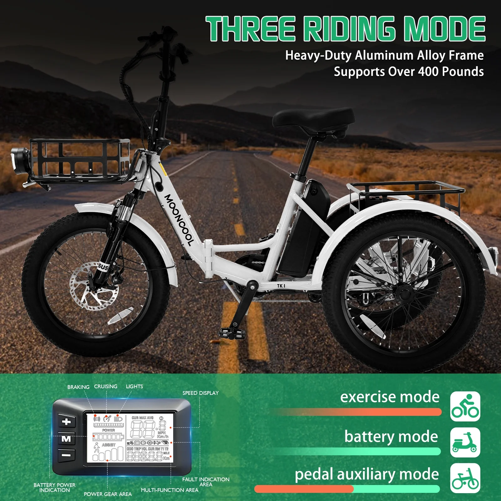 MOONCOOL TK1 Folding Electric Tricycle for Adults,48V 14.5Ah Removable battery, 500W(Peak 1000w)Motor, 20" Fat Tire Step-Thru 3Wheel Electric Bicycle w/Front&Rear Baskets, Certified to UL 2849 by SGS - Image 46