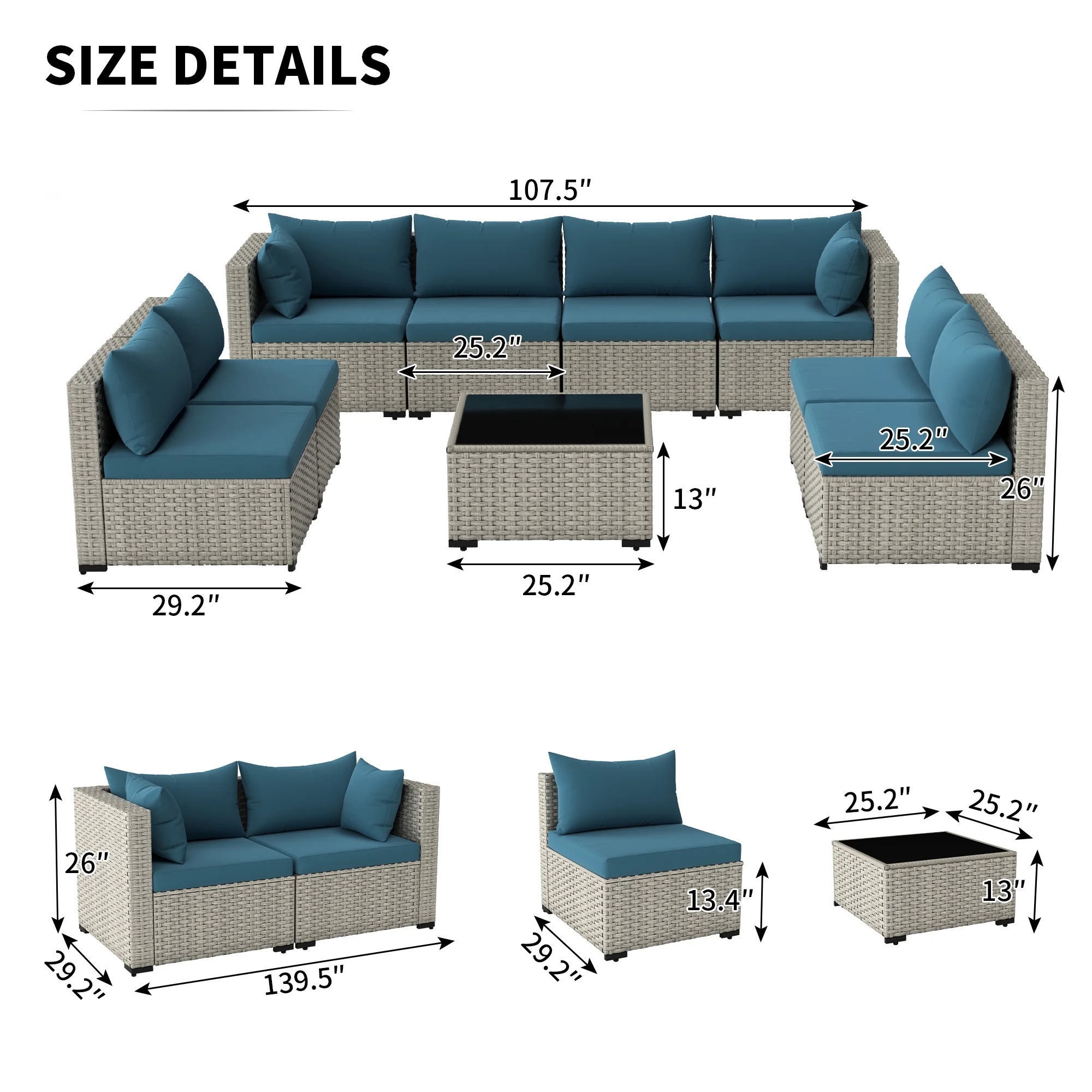 7 Pieces Patio Conversation Set, Outdoor Sectional PE Rattan Wicker Furniture Seat,Dark Gray - Image 70