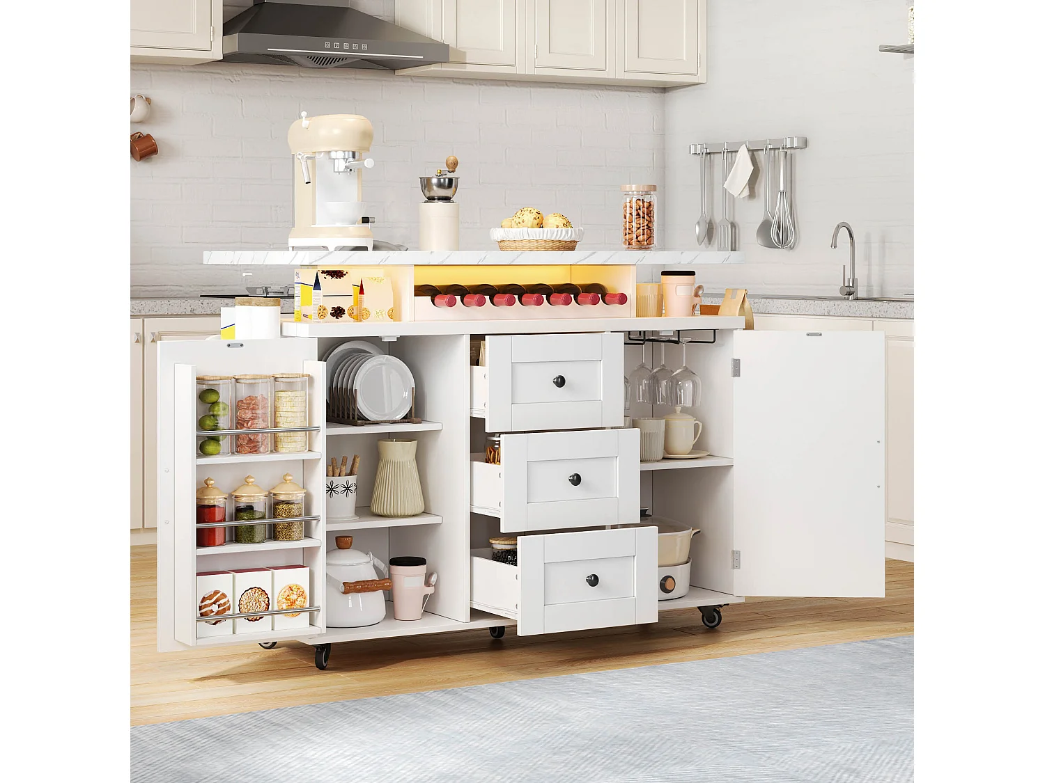 Îlot de cuisine mobile blanc LED avec 2 portes et 3 tiroirs - Plateau effet marbre