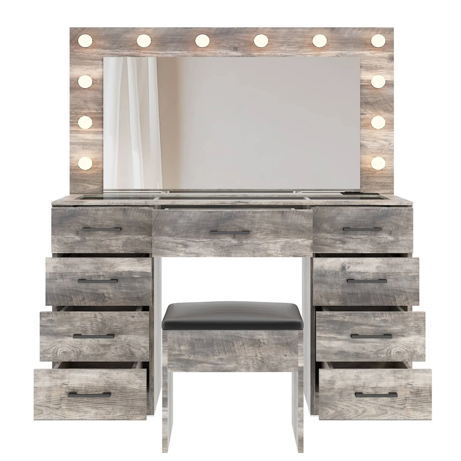 Ktaxon Large Makeup Vanity, Vanity Table Set w/ Visible Glass Top w/ Charging Station, White - Image 102