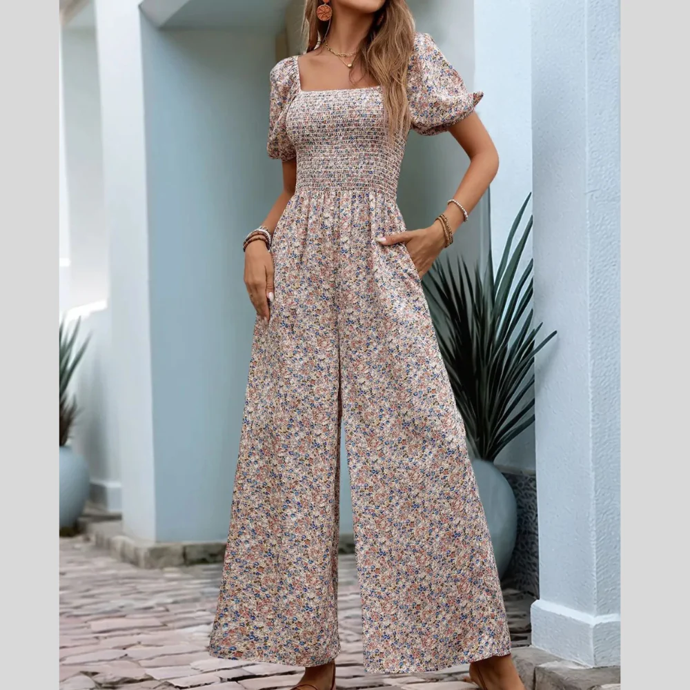 Perfee Ditsy Floral Smocked Square Neck Puff Sleeve Jumpsuit - ZKZOOK