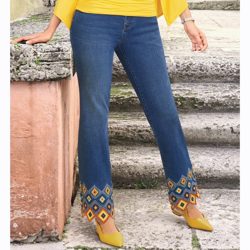 Quinn Embroidered Bootcut Jean with Vibrant-Hem Detail - MIDNIGHT VELVET CATALOG
