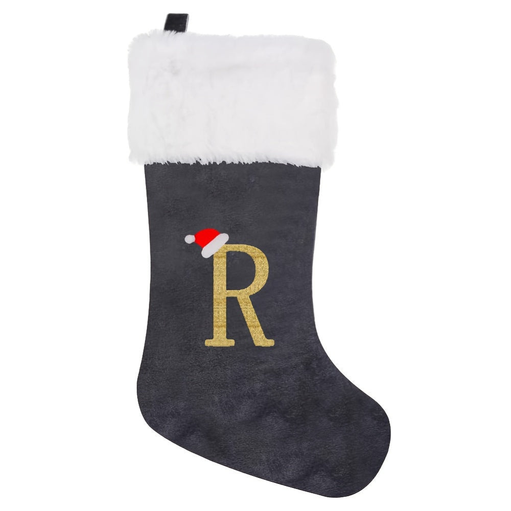 Gepersonaliseerde Fluwelen Kerstsok met Monogram – Modern Grijs Ontwerp