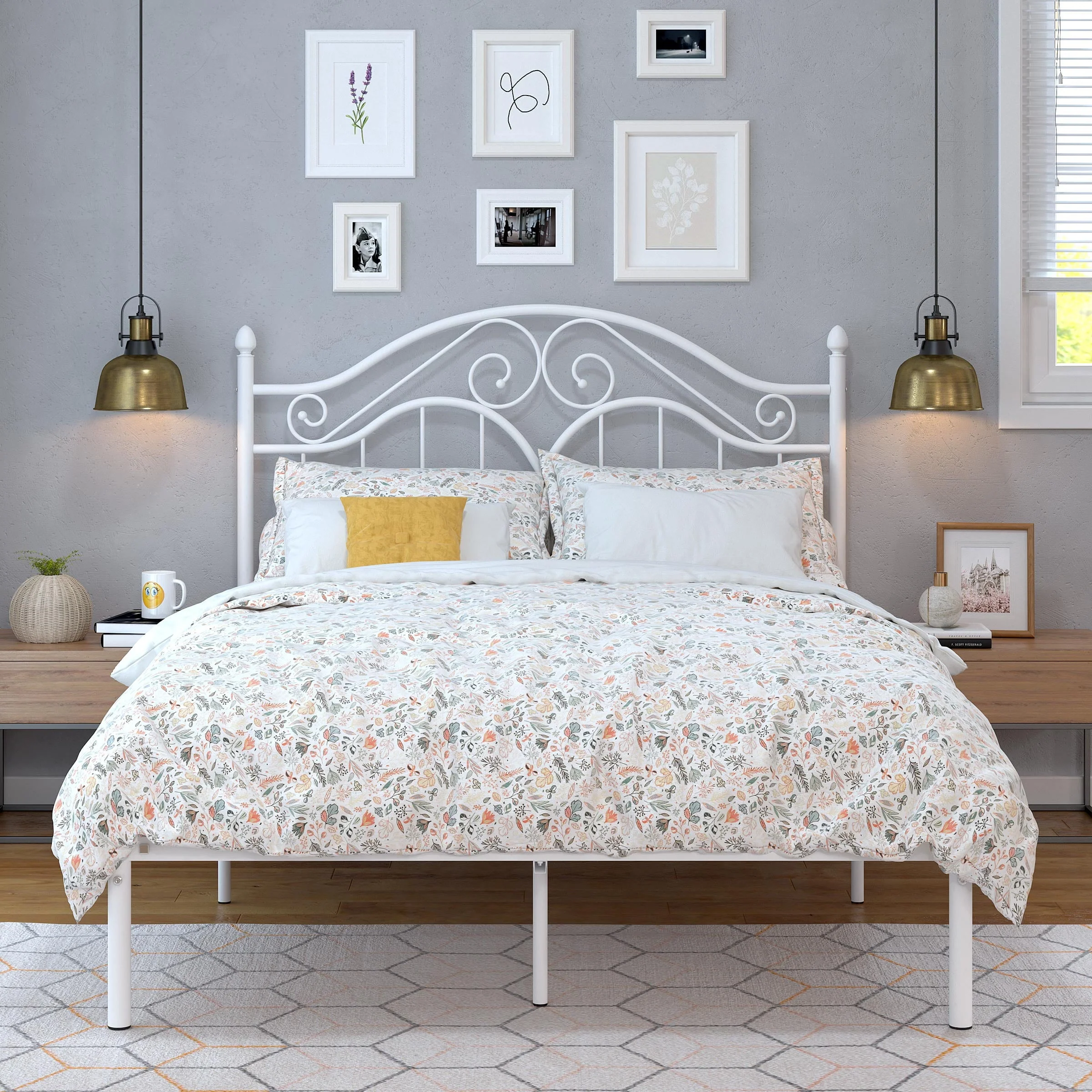Yoneston Full Size Metal Platform Bed Frame with Vintage Headboard, Sturdy Steel Slat Mattress Foundation with 11" Under-Bed Storage, White
