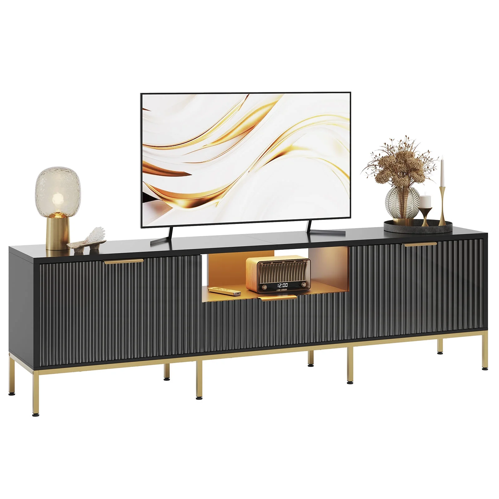 Bestier 55" LED TV Stand for TVs up to 60" Modern High Gloss Entertainment Center with Drawers Cabinets Fluted TV Console, White & Gold - Image 29