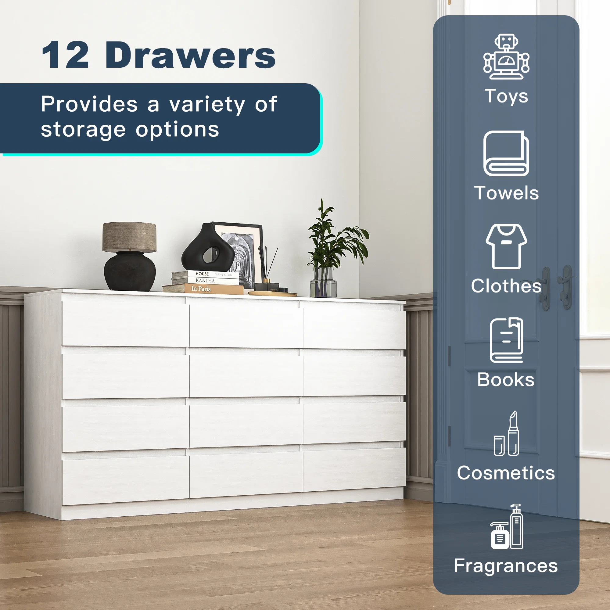 Kadyn White Chest of Drawer, 6 Double Drawer Dresser for Bedroom, Modern Storage Cabinet for Living Room, Dresser - Image 57