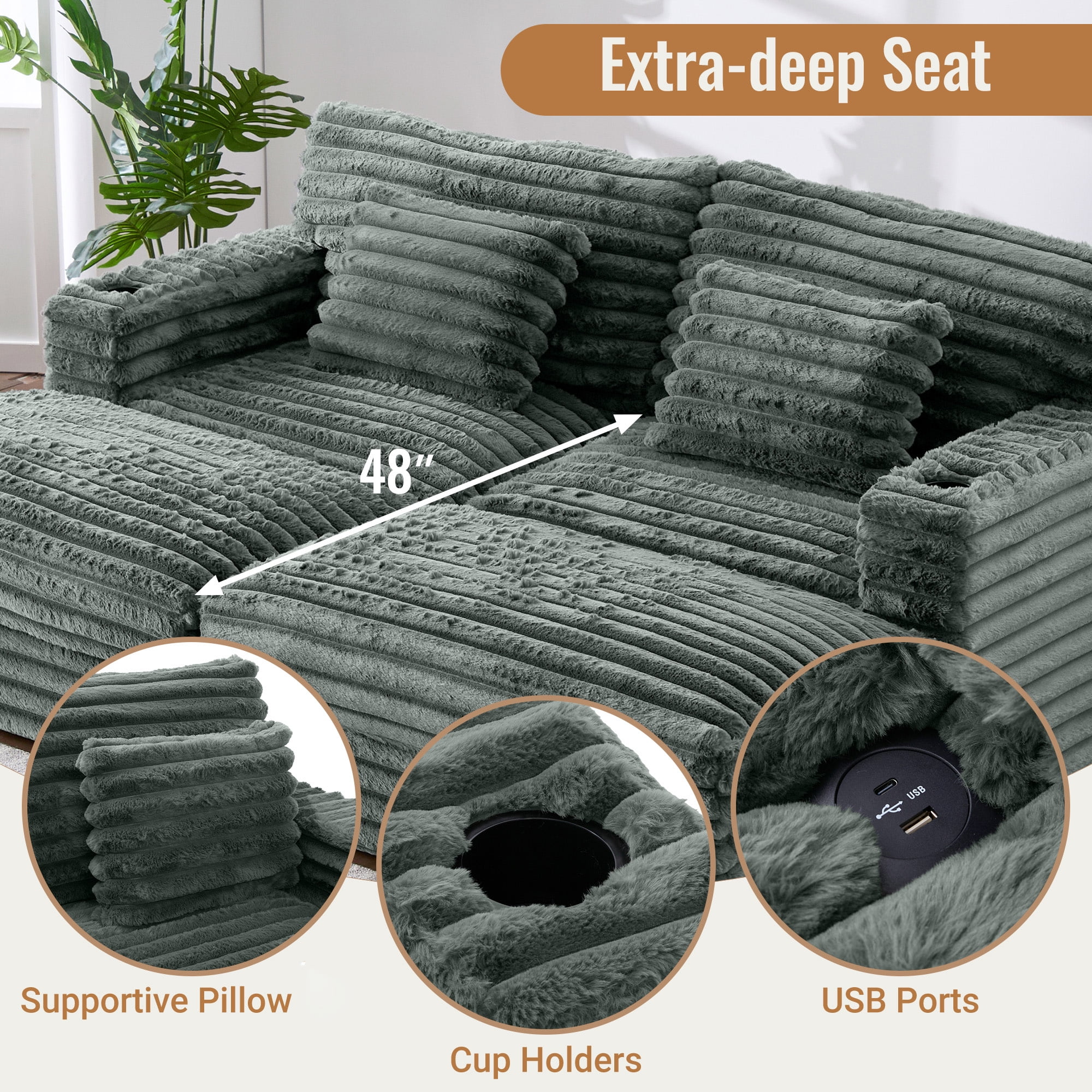 Oversized Double Chaise Lounge, Faux Fur Upholstered Deep Seat Sofa with 2 Pillows, 2 Cupholders, and Dual USB Ports - Image 52