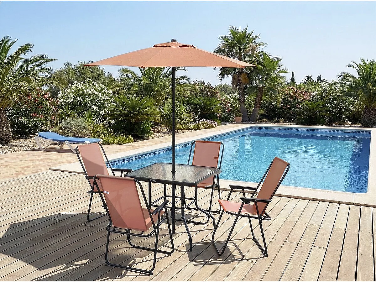 Salon de jardin repas avec parasol en métal 