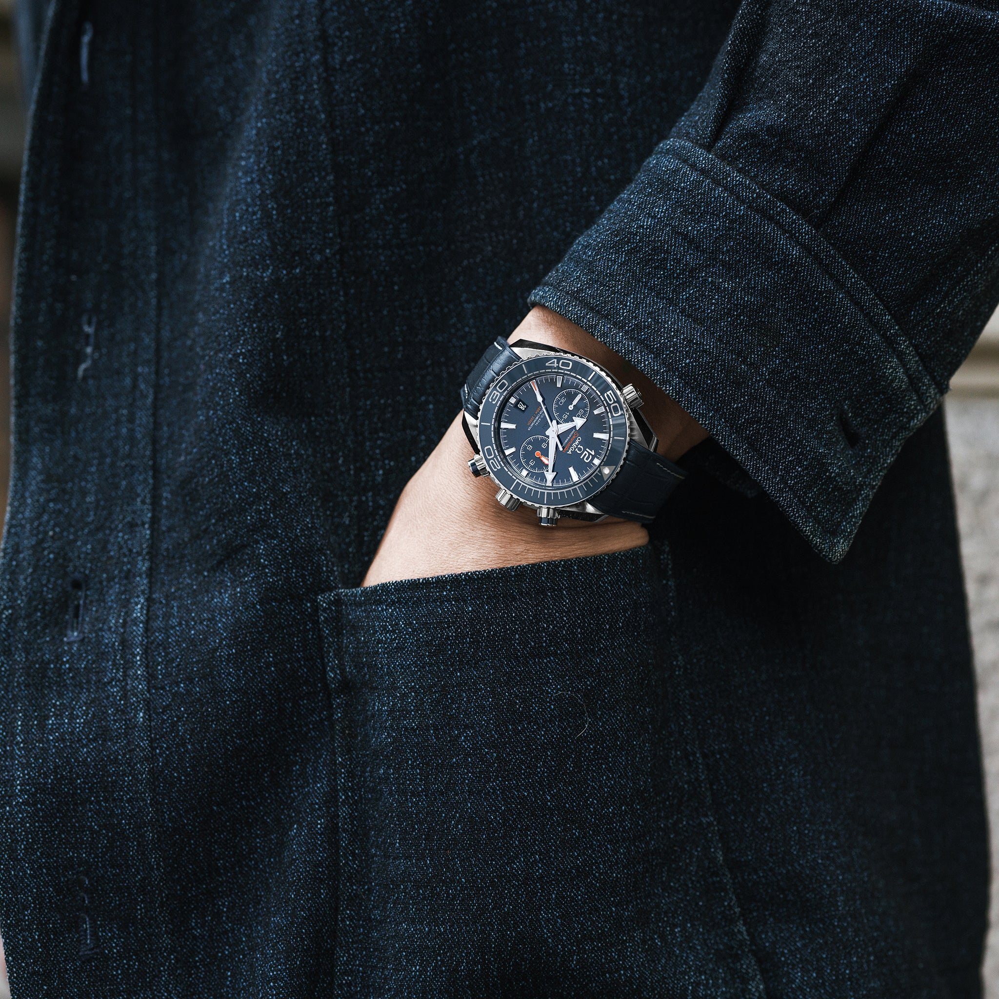 Seamaster Planet Ocean 600M Co-Axial Master Chronometer Chronograph 45.5mm Blue Dial On Leather Strap With Rubber Lining(1:1 replica) - Elite Watch Atelier