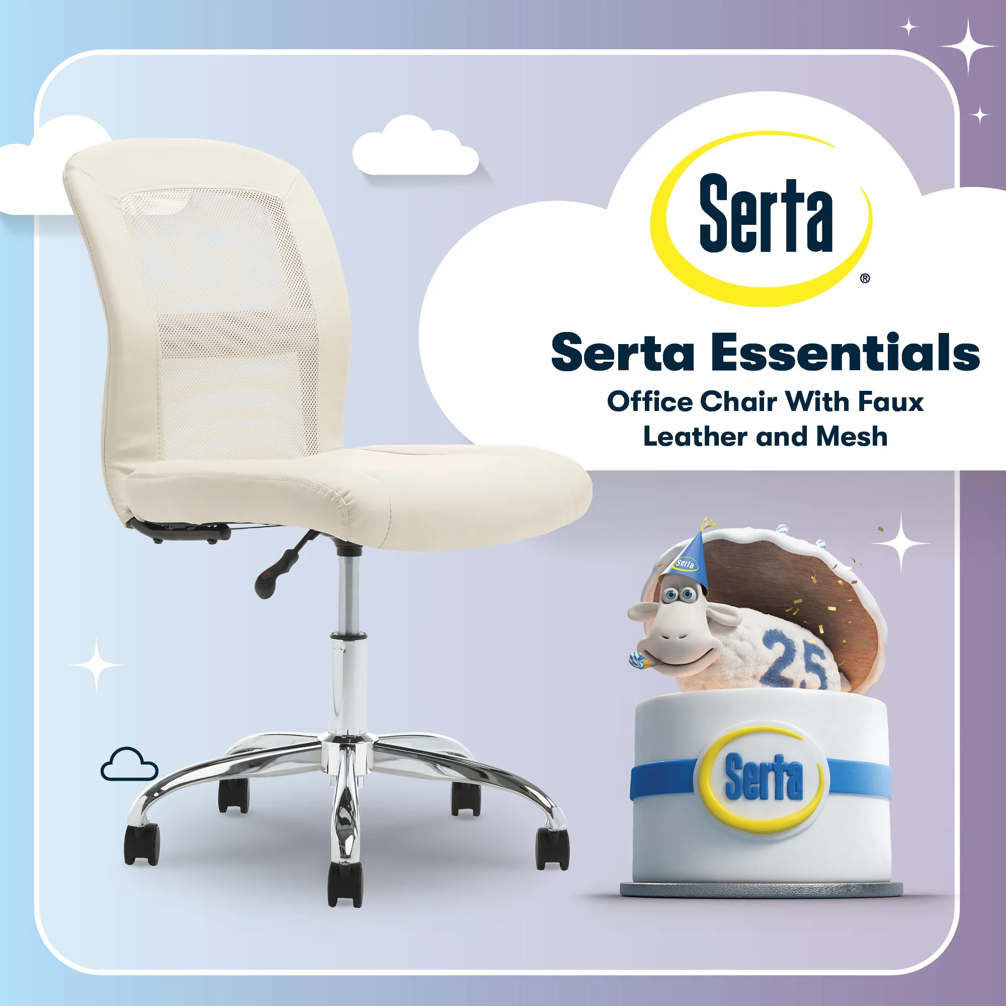 Serta Essentials Armless Task Chair, Faux Leather and Mesh, Cream