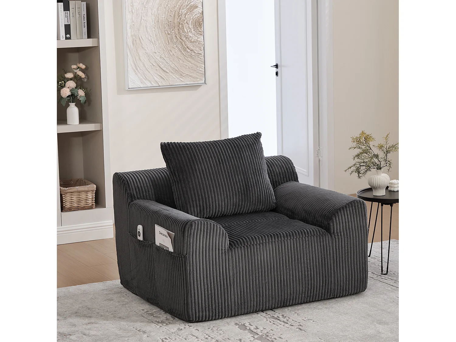 Fauteuil en tissu côtelé avec étrier, poches latérales et coussins - Gris foncé