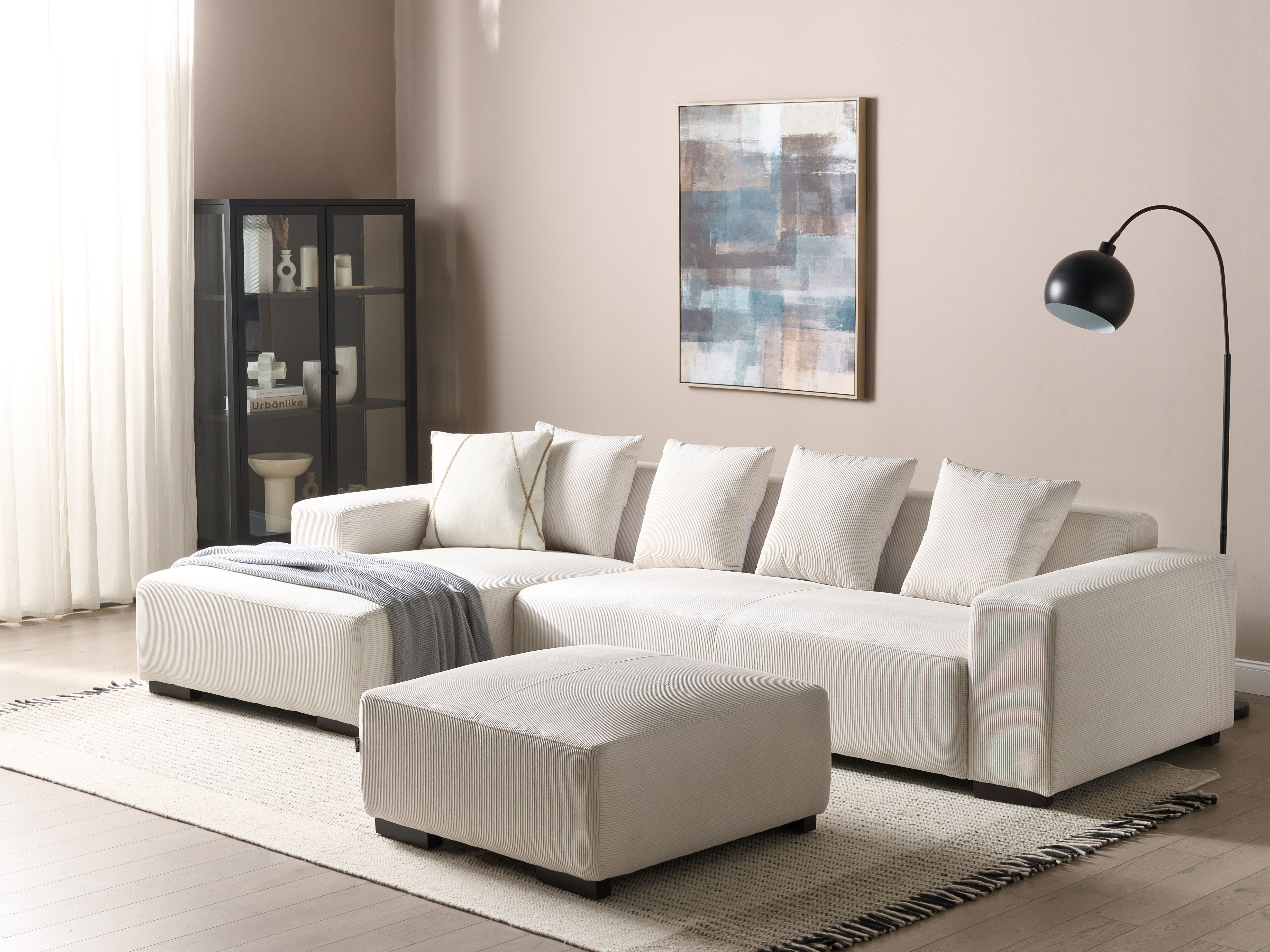 Corner Sofa 4 Seater LUNGO Corduroy Off-White with Ottoman Right Hand