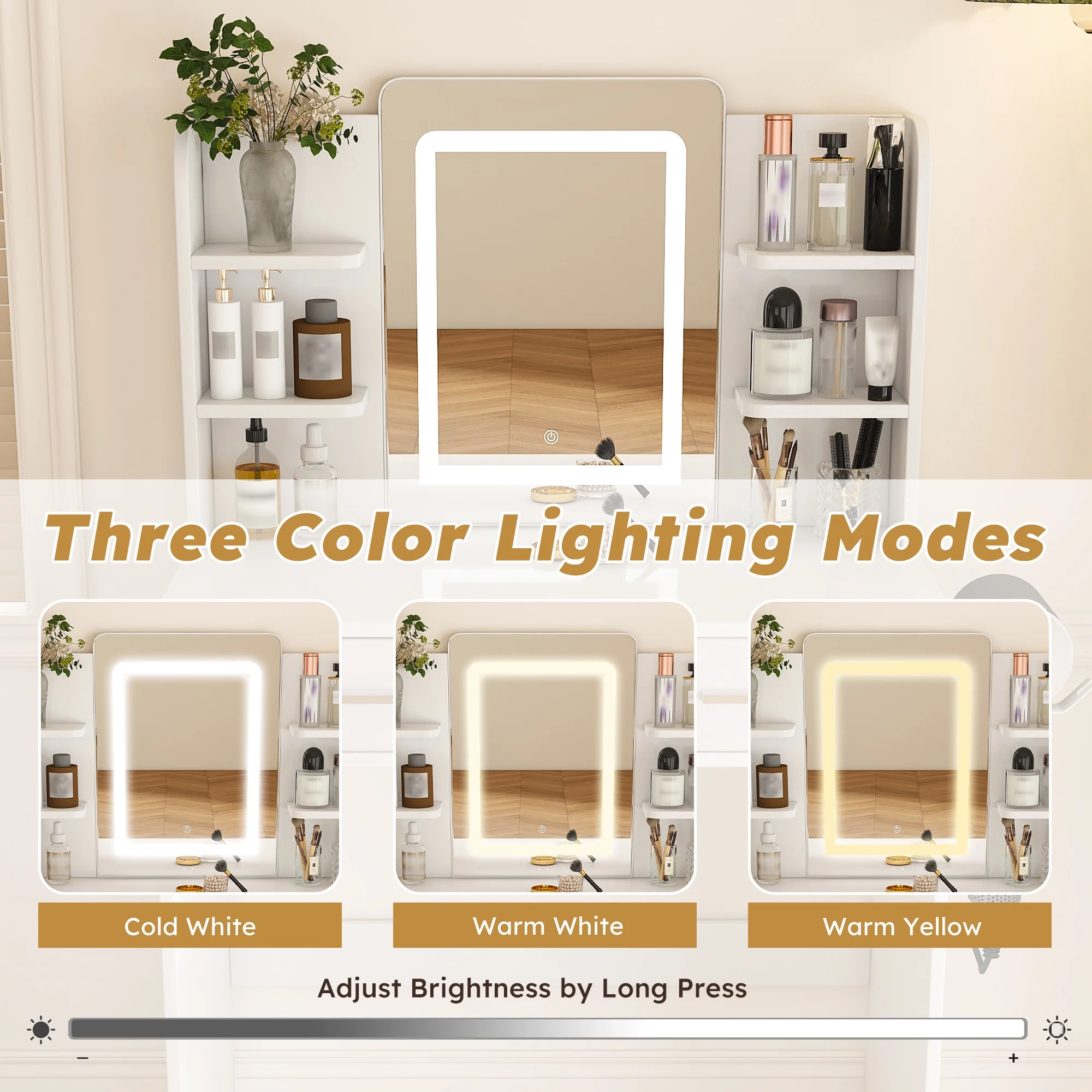 Montary Modern Mini Vanity w/Adjustable LED Mirror + Hidden Storage, Padded Stool & Dustproof Shelves (White) - Image 95