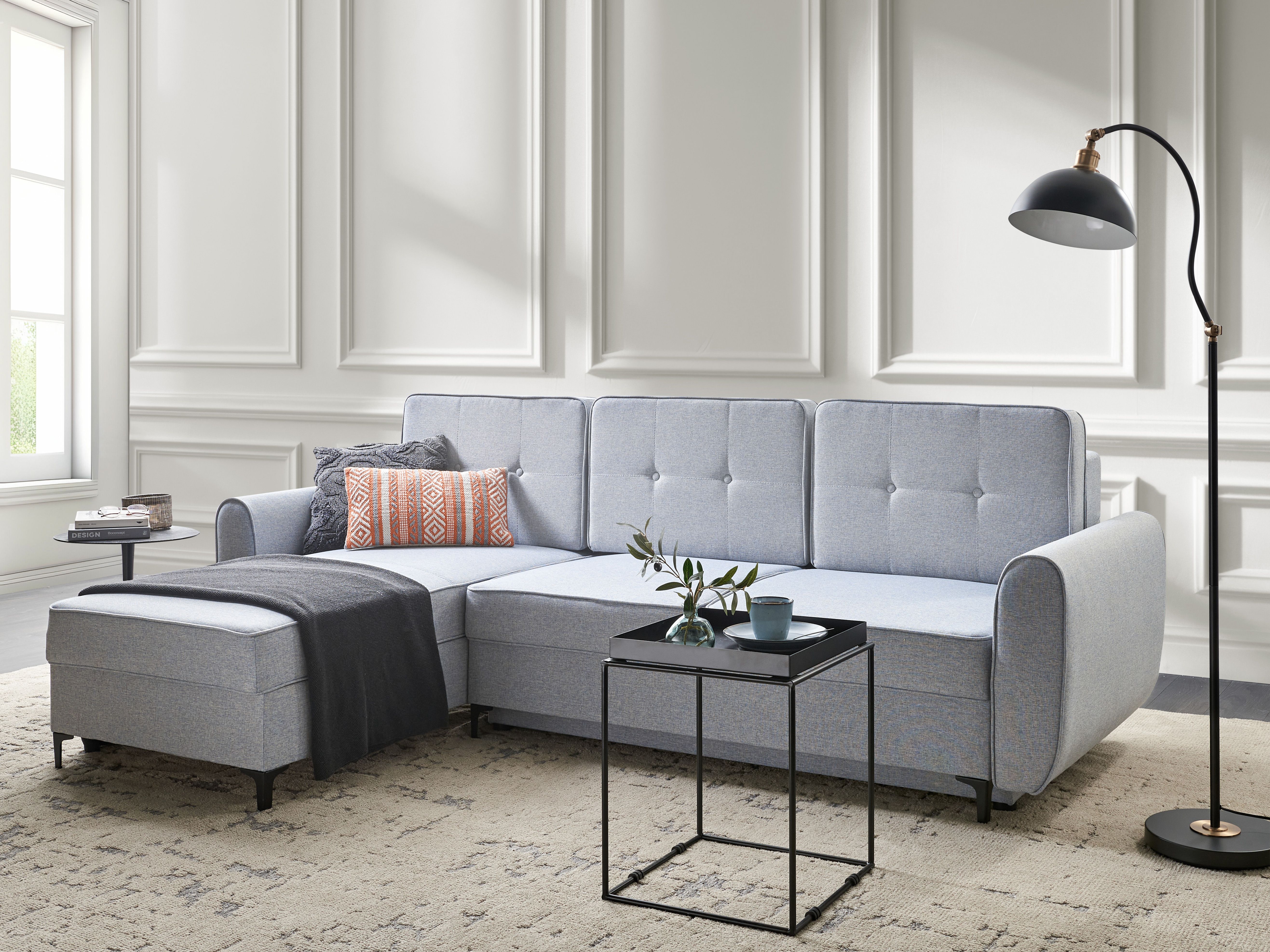 Corner Sofa Bed 3 Seater SIMRIS Fabric Light Blue with Storage Right Hand