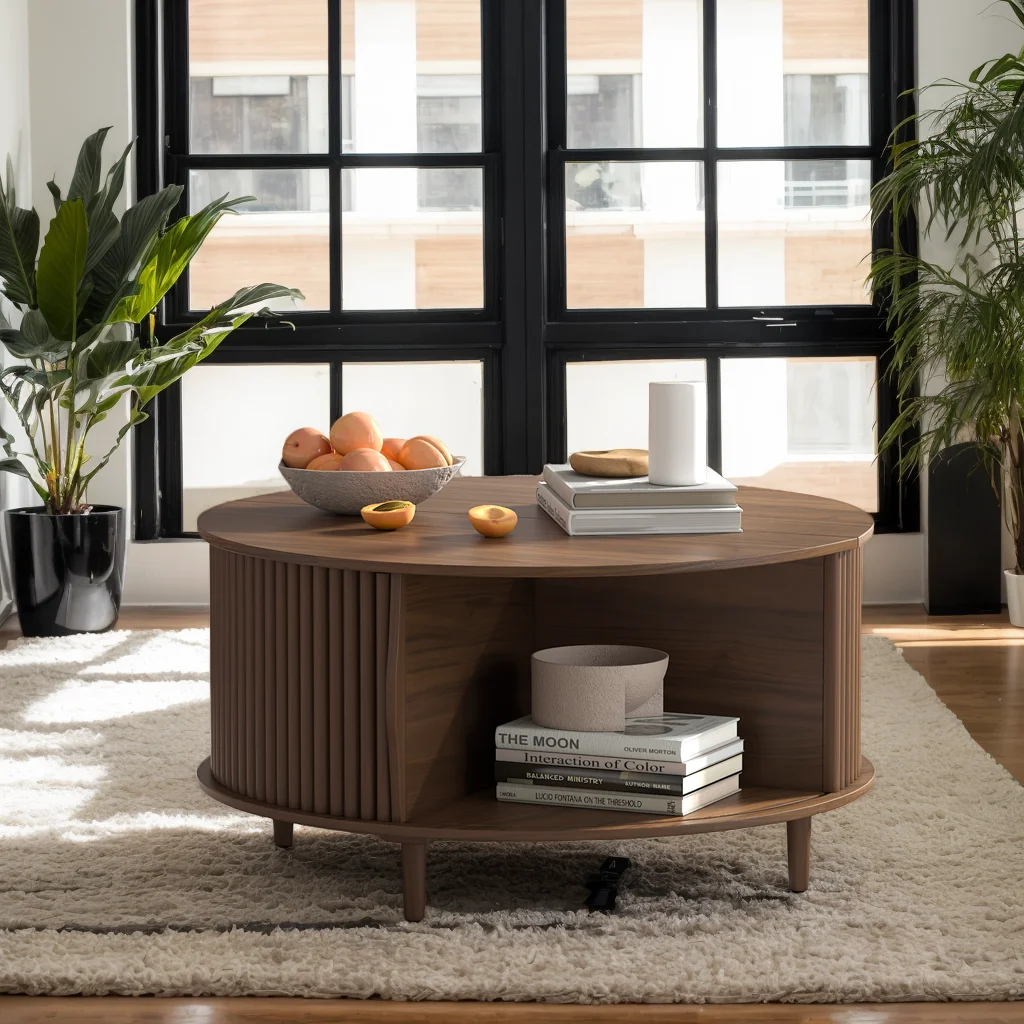 JOINICE Round Coffee Table with Storage and Sliding Door,Mid Century Modern Wooden Center Table,for Living Room,Walnut - Image 7