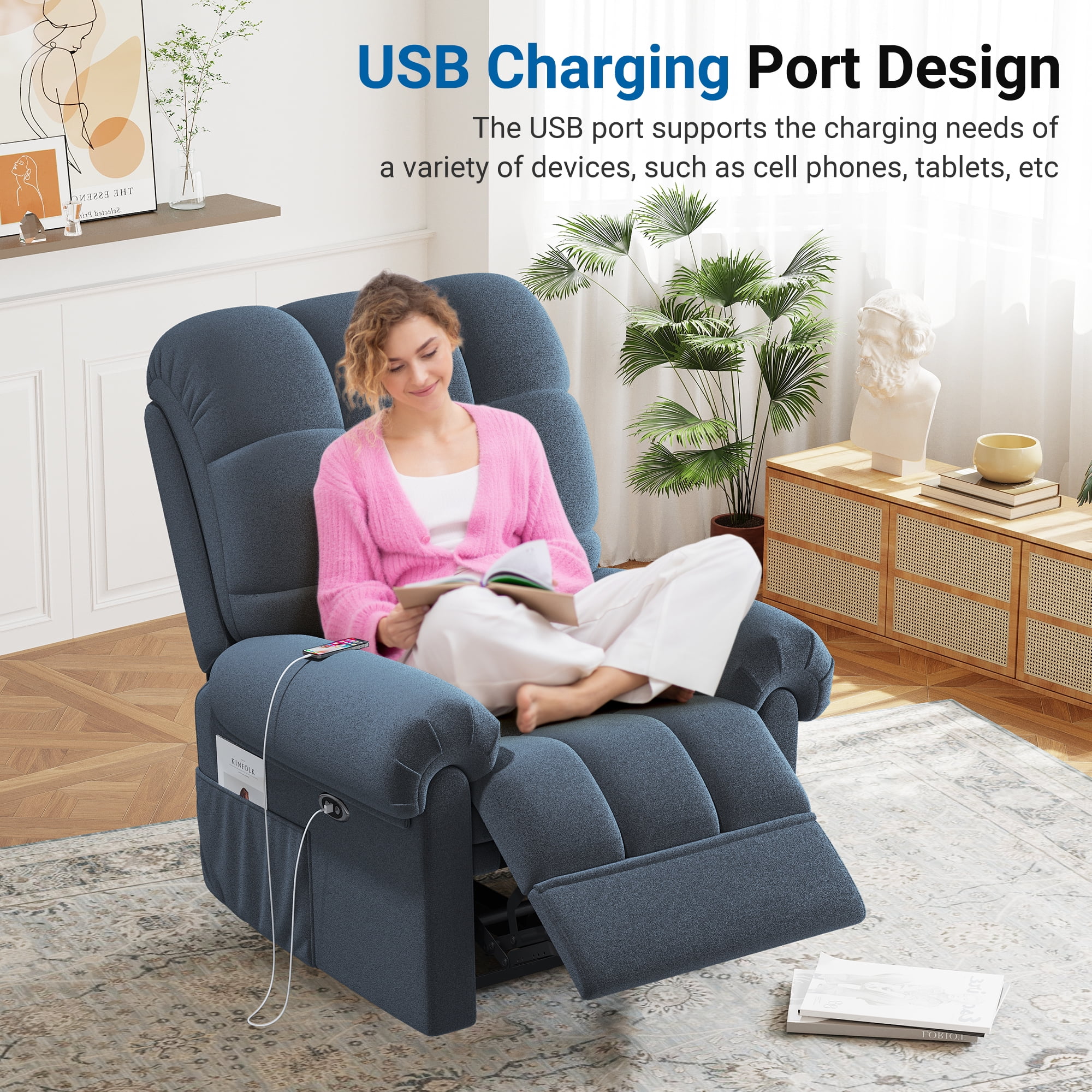 Power Recliner Chair,Electric Recline Sofa Chair for Adults with USB Port,Comfy Teddy Fleece Adjustable Cloud Sofa,Tool-Free Setup,Beige White - Image 20