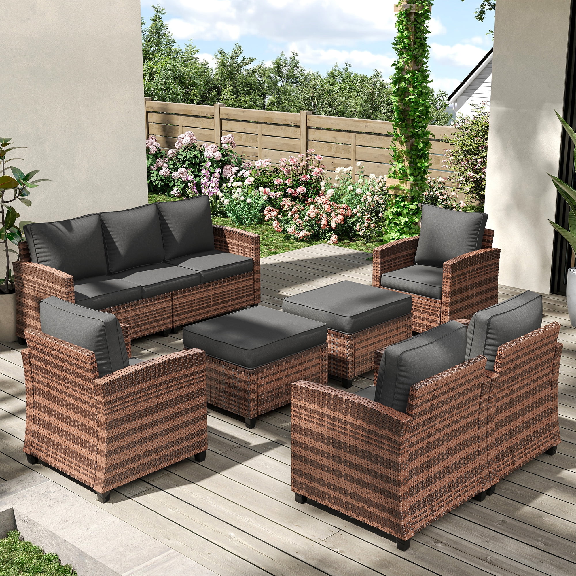 POTEBAN Patio Furniture Set, 7 Pieces Outdoor Sectional Sofa Couch with Chairs, Ottomans and Comfy Cushions, All Weather Wicker Rattan Patio Conversation Set for Garden Backyard Dark Grey