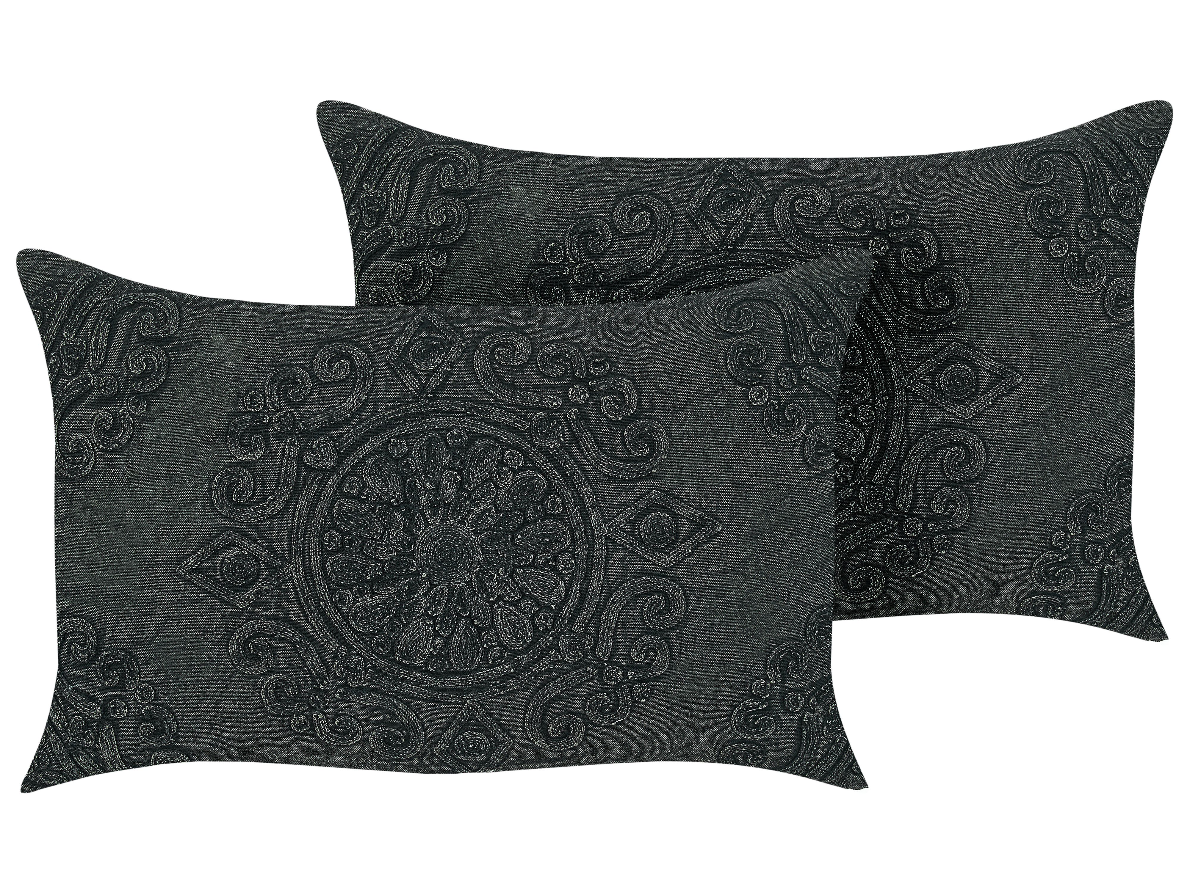 Set of 2 Decorative Cushions VELOOR Cotton 30 x 50 cm Dark Grey Oriental Pattern