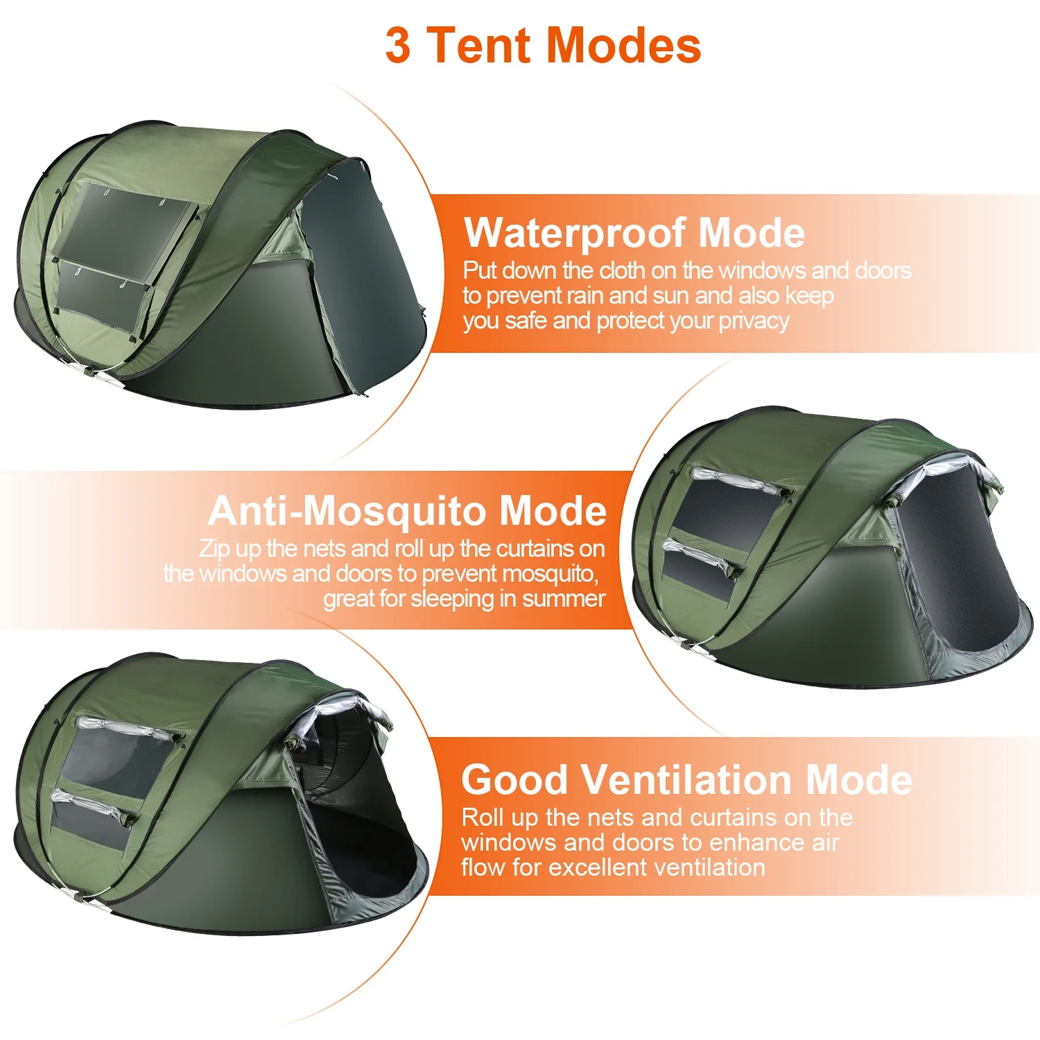 Tcbosik Easy Pop Up Tent for 5-8 Person, Automatic Setup Instant Family Tent with 2 Doors and 4 Mosquito Net Windows, Waterproof Camping Tent with Carry Bag for Hiking & Traveling, Khaki - Image 14