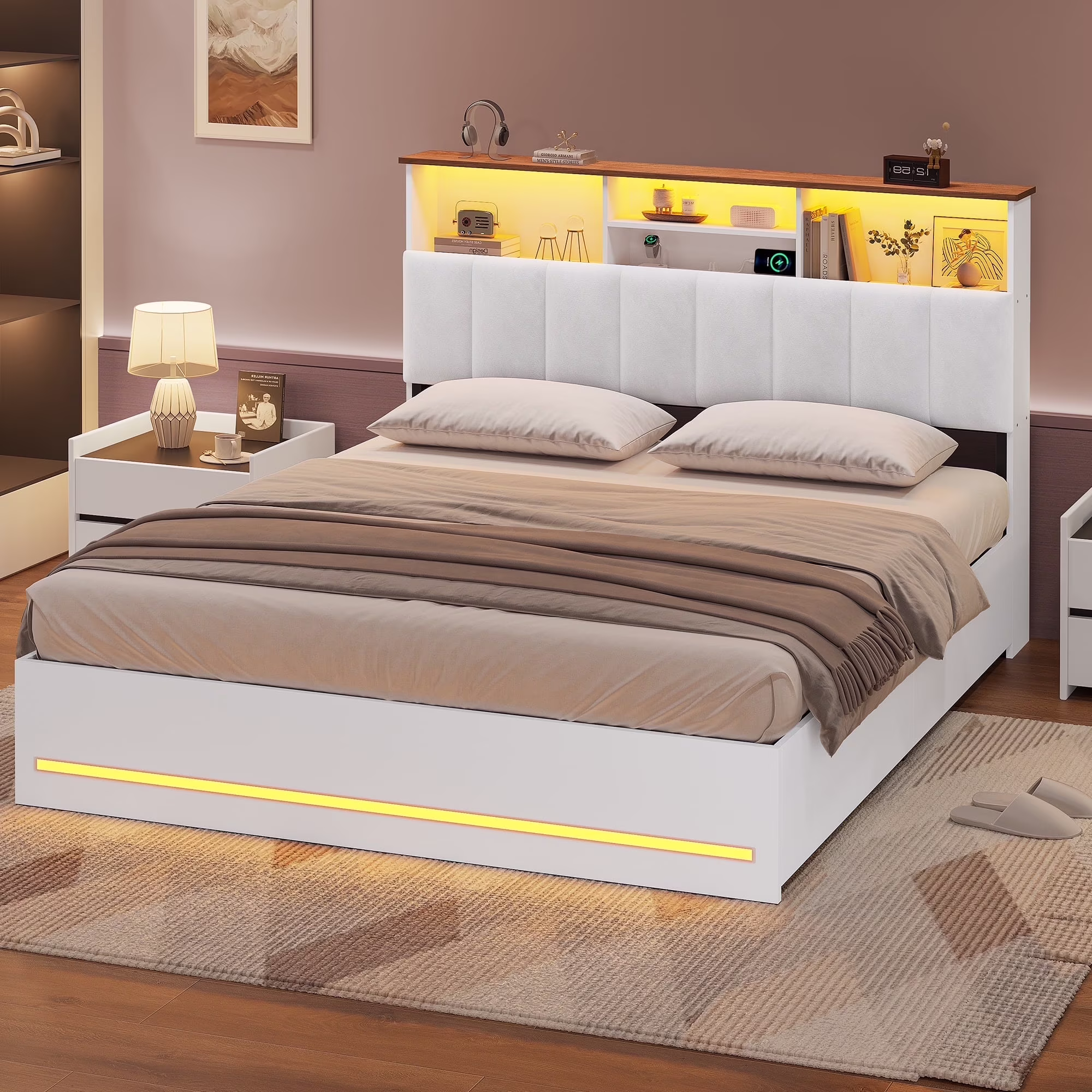 AOGLLATI Upholstered Platform Twin Bed with 4 Storage Drawers & Charging Station & LED Lights, Black - Image 3