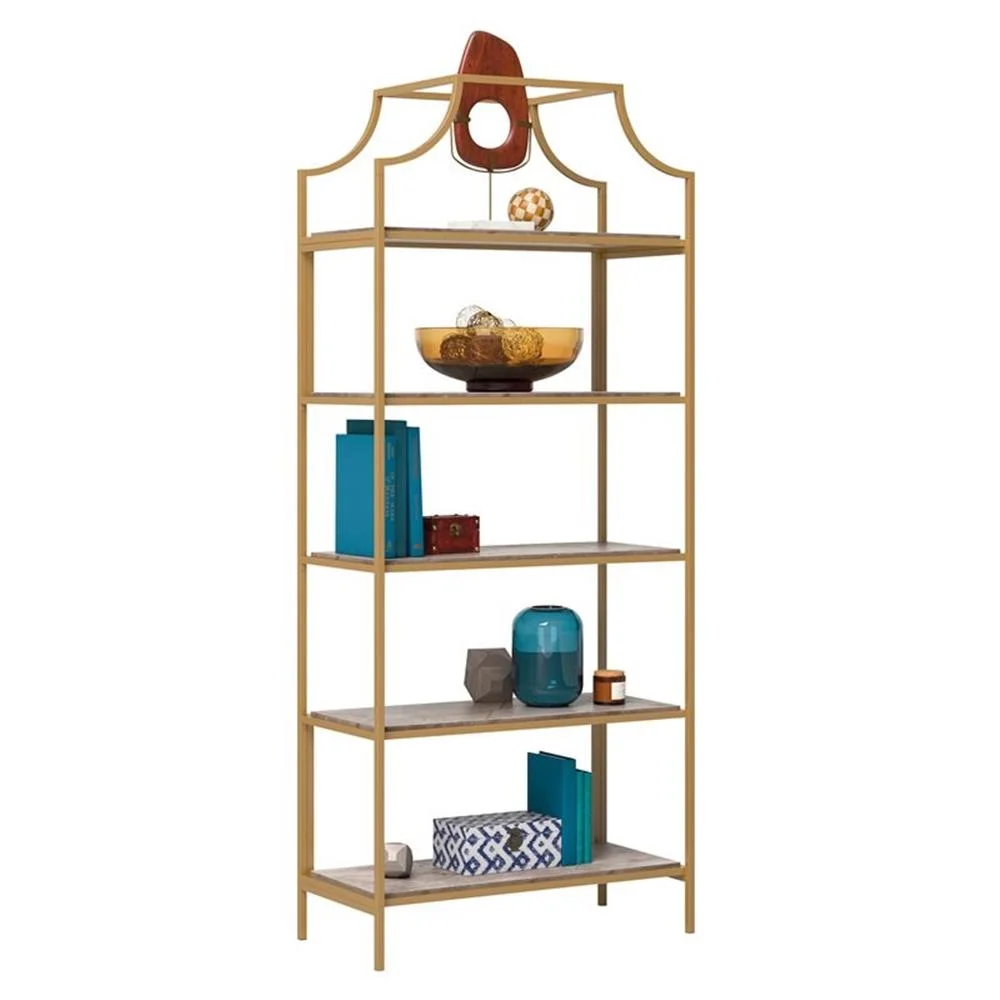 Pemberly Row 5-Shelf Modern Metal Bookcase in Gold Satin/Faux Deco Stone - Image 4